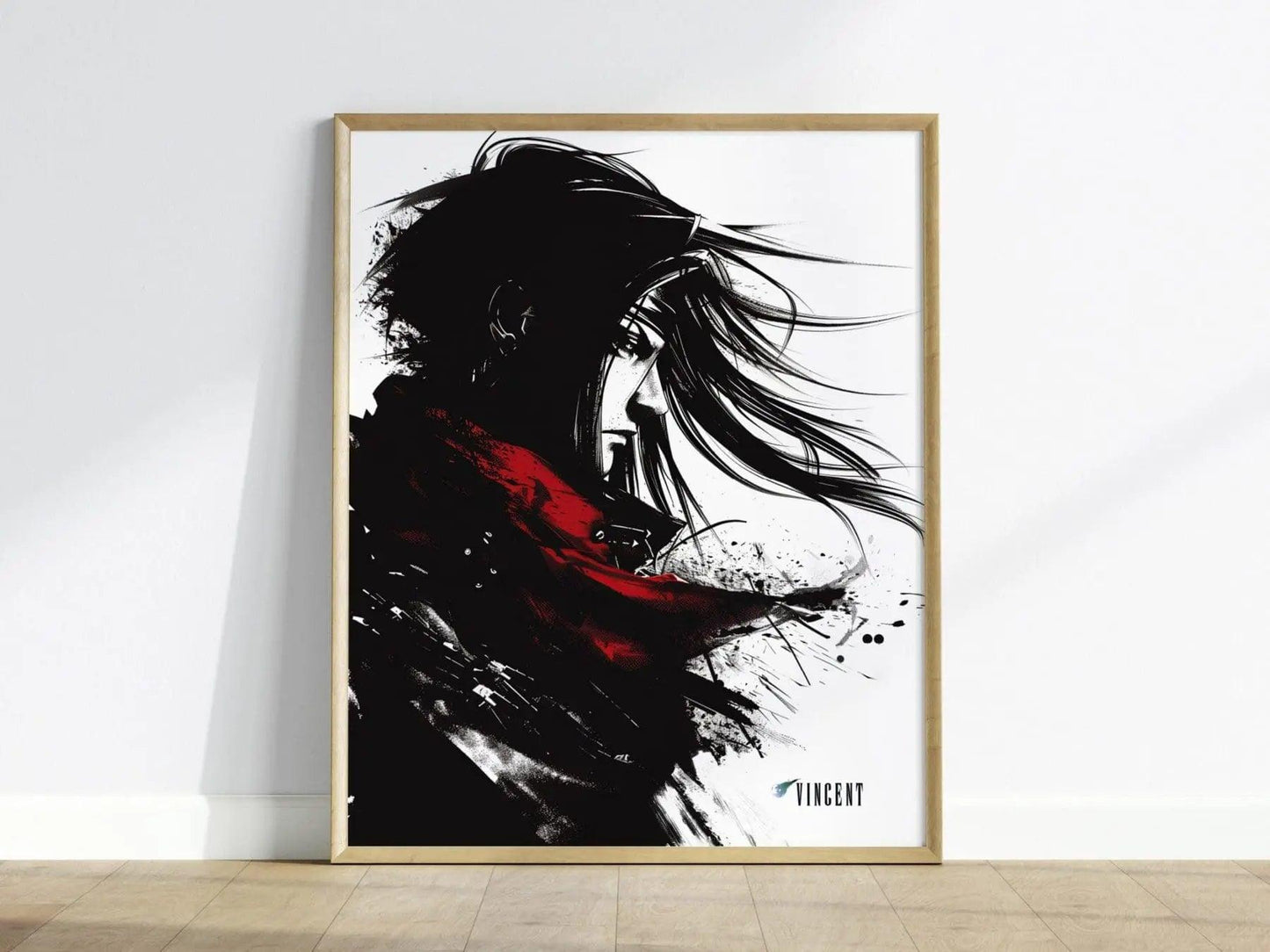Vincent Valentine Final Fantasy VII poster featuring dramatic ink-style monochrome art with red cloak and FF7 character design