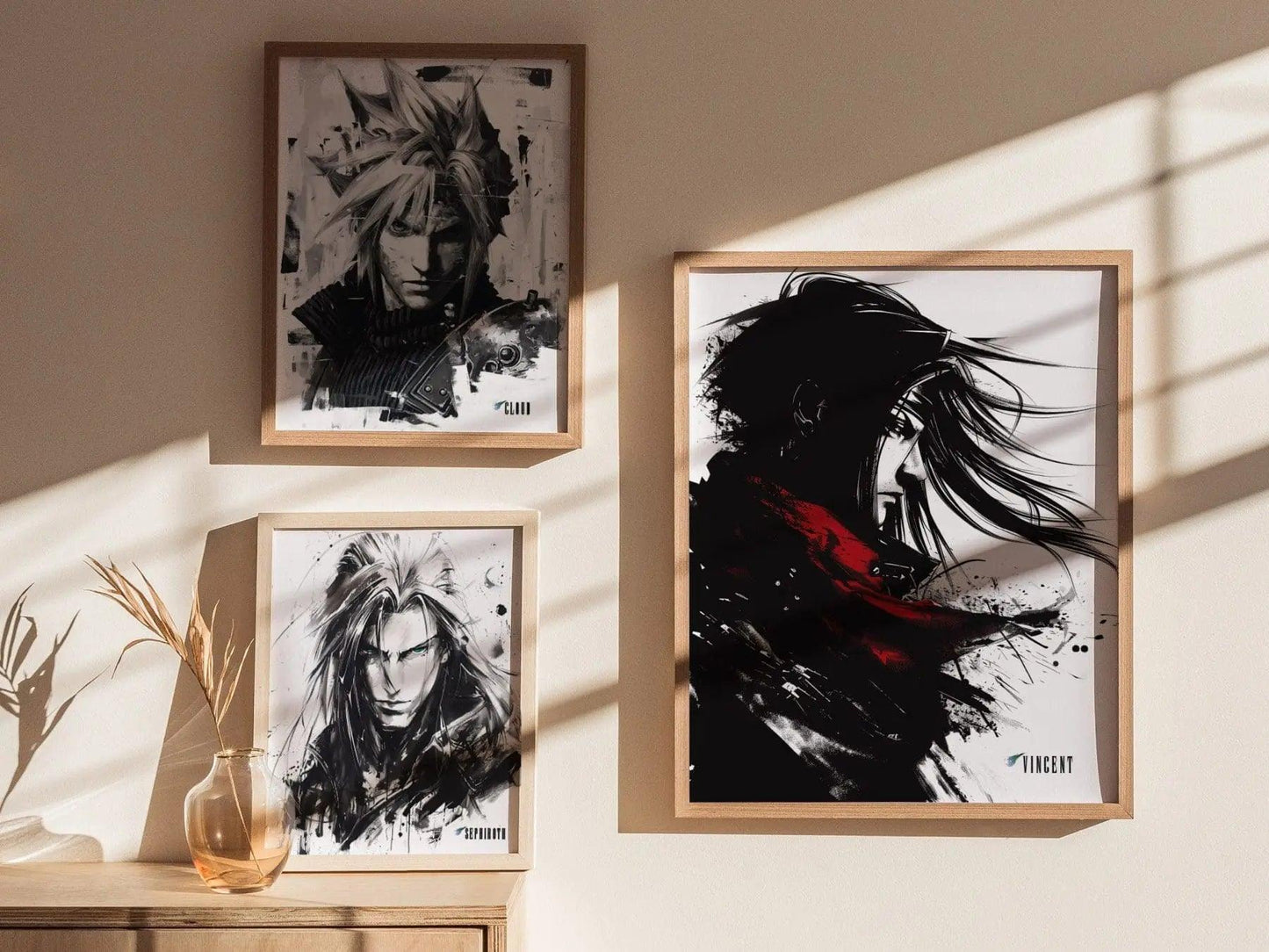 Vincent Valentine FF7 art displayed in game room showing Final Fantasy VII character poster with dramatic style