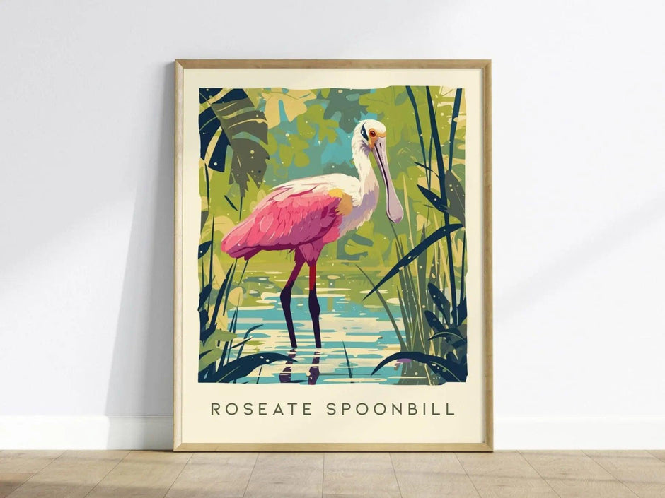 Roseate Spoonbill, Florida Birds Wildlife Framed Wall Art - Flamingo Tropical Bird Poster Design Travel Print Home Beach Cottage Decor Set - Swell Scenes