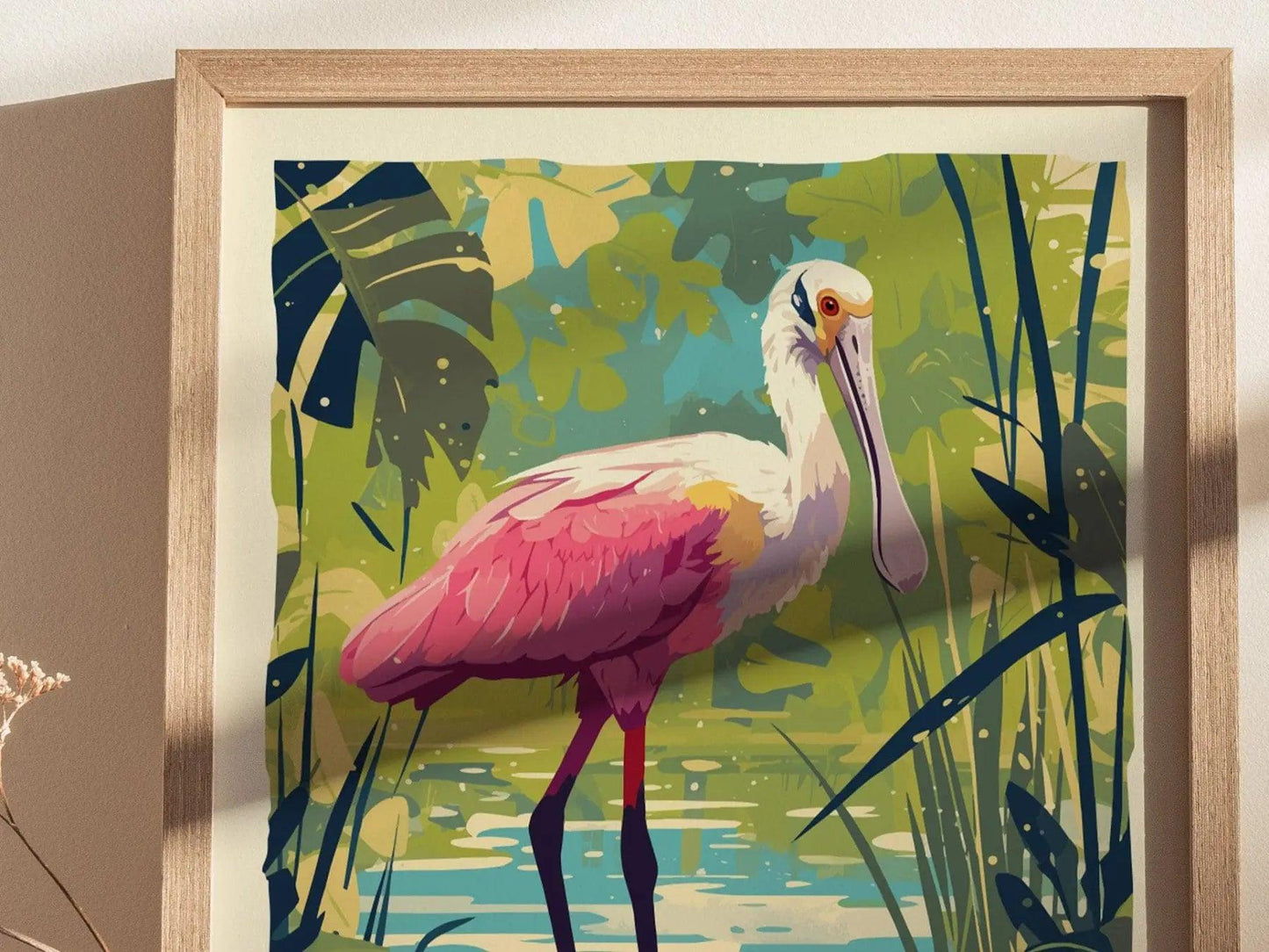 Roseate Spoonbill, Florida Birds Wildlife Framed Wall Art - Flamingo Tropical Bird Poster Design Travel Print Home Beach Cottage Decor Set - Swell Scenes