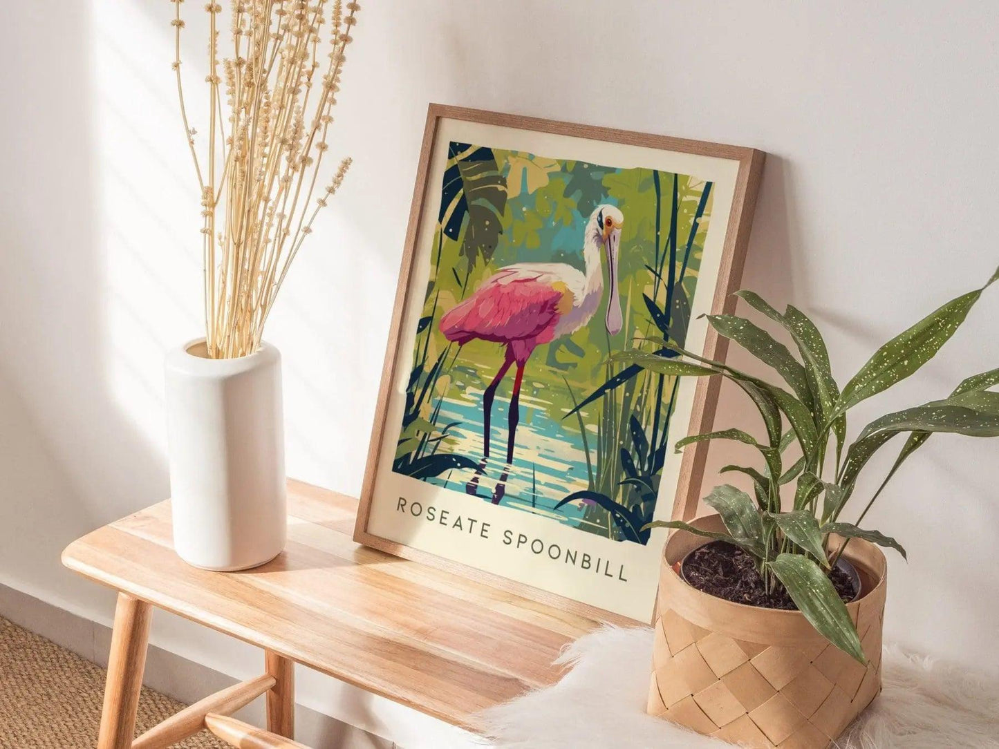 Roseate Spoonbill, Florida Birds Wildlife Framed Wall Art - Flamingo Tropical Bird Poster Design Travel Print Home Beach Cottage Decor Set - Swell Scenes