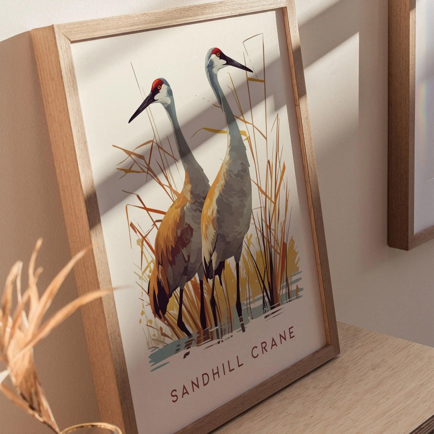 Sandhill Cranes, Florida Birds Wildlife Framed Wall Art - Iconic Bird Poster Design Travel Print Lake Home Beach Cottage Birder Decor Set - Swell Scenes