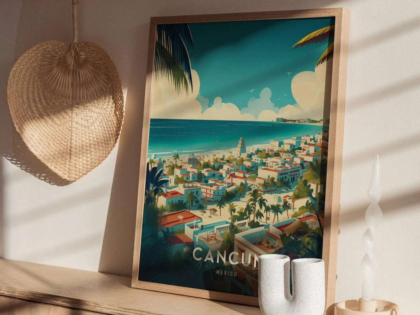 Cancun Framed Travel Poster, Cancun City Travel Poster Print, Cancun Mexico Travel Poster, Cancun Mexico, Coastal Airbnb Decor Wall Art - Swell Scenes