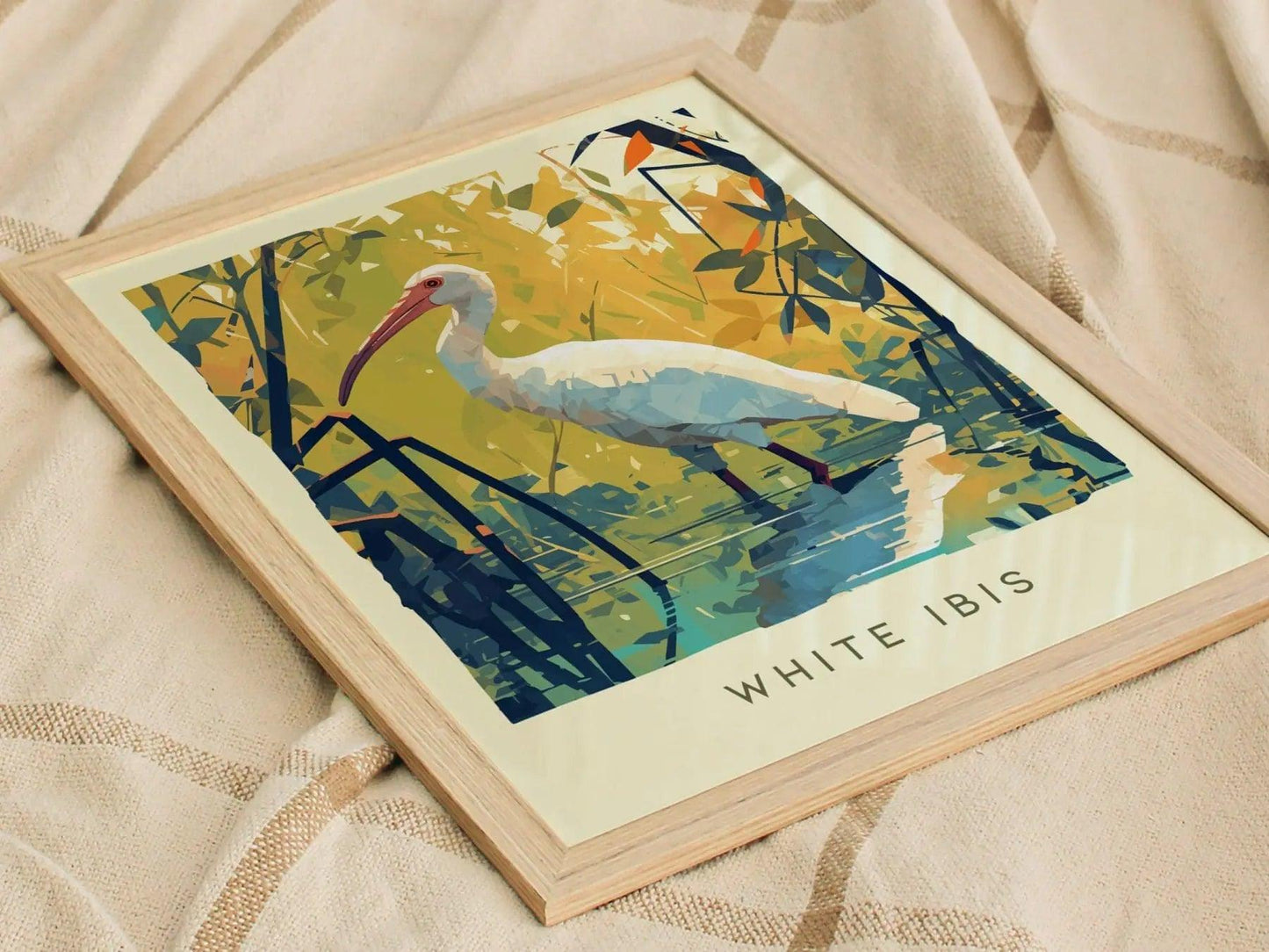 Framed artwork of a white ibis with a natural background