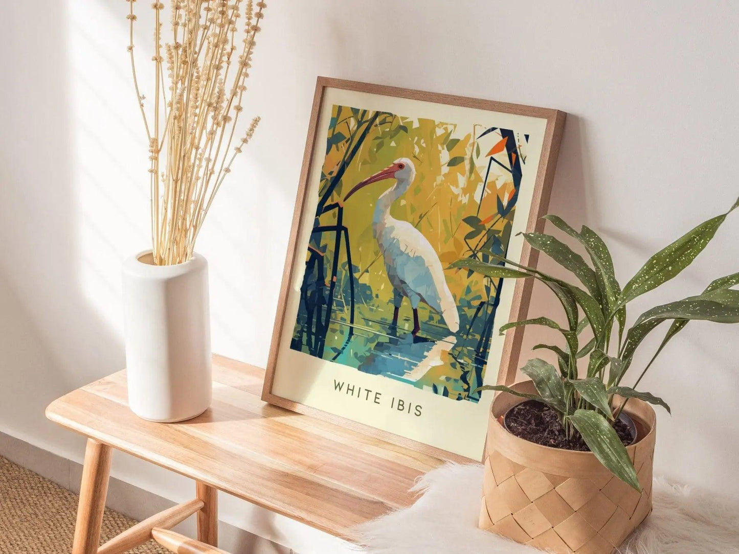 White Ibis, Florida Birds Wildlife Framed Wall Art - Mangroves Tropical Bird Poster Design Print Home Beach Cottage Birder Gift Decor Set - Swell Scenes