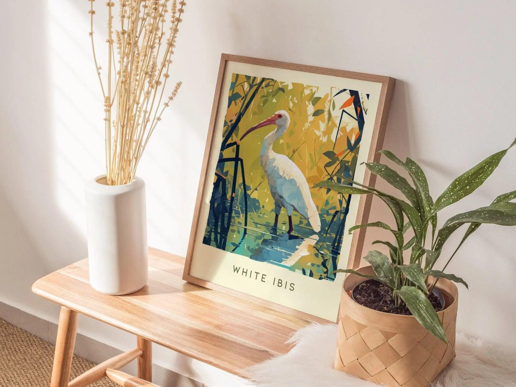 White Ibis, Florida Birds Wildlife Framed Wall Art - Mangroves Tropical Bird Poster Design Print Home Beach Cottage Birder Gift Decor Set - Swell Scenes