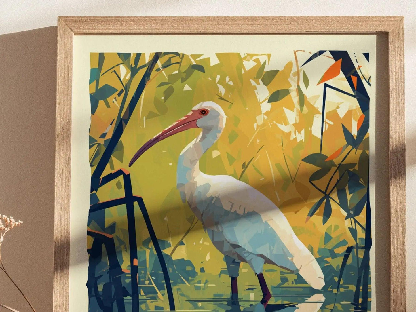 Florida White Ibis bird poster alternative angle highlighting impressionist mangrove wetland scene and tropical wildlife detail