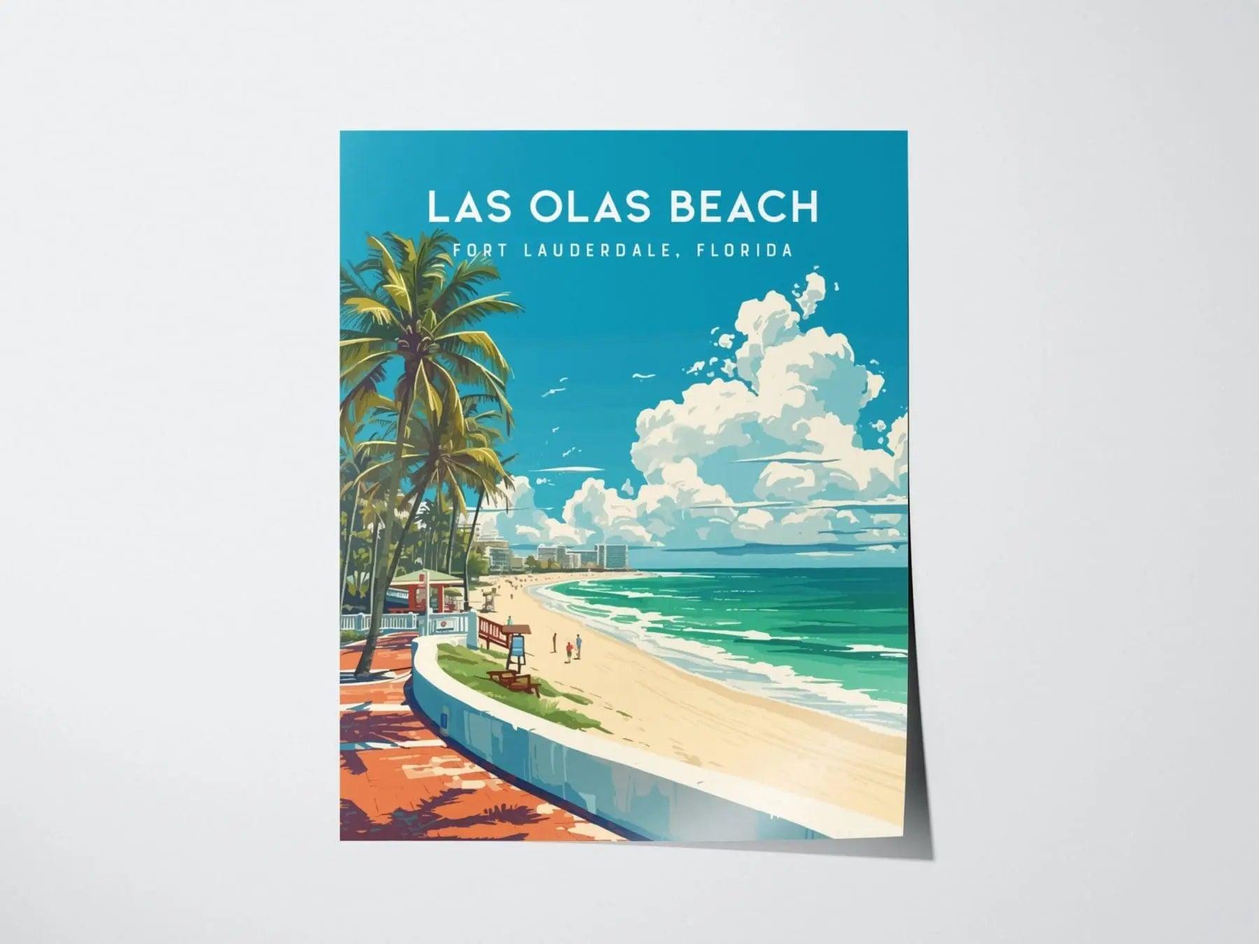 Las Olas Beach, Fort Lauderdale, Florida Framed Wall Art - Beach House Minimal Poster Design Travel Print Tropical Palm Tree Home Decor Set - Swell Scenes
