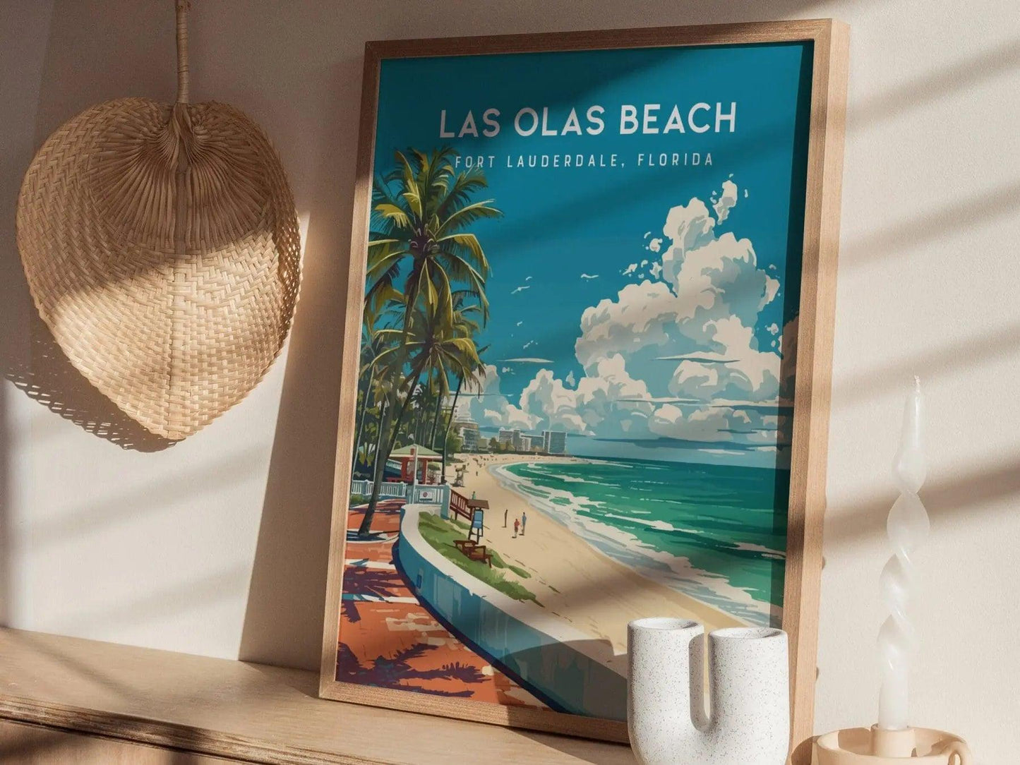 Las Olas Beach, Fort Lauderdale, Florida Framed Wall Art - Beach House Minimal Poster Design Travel Print Tropical Palm Tree Home Decor Set - Swell Scenes