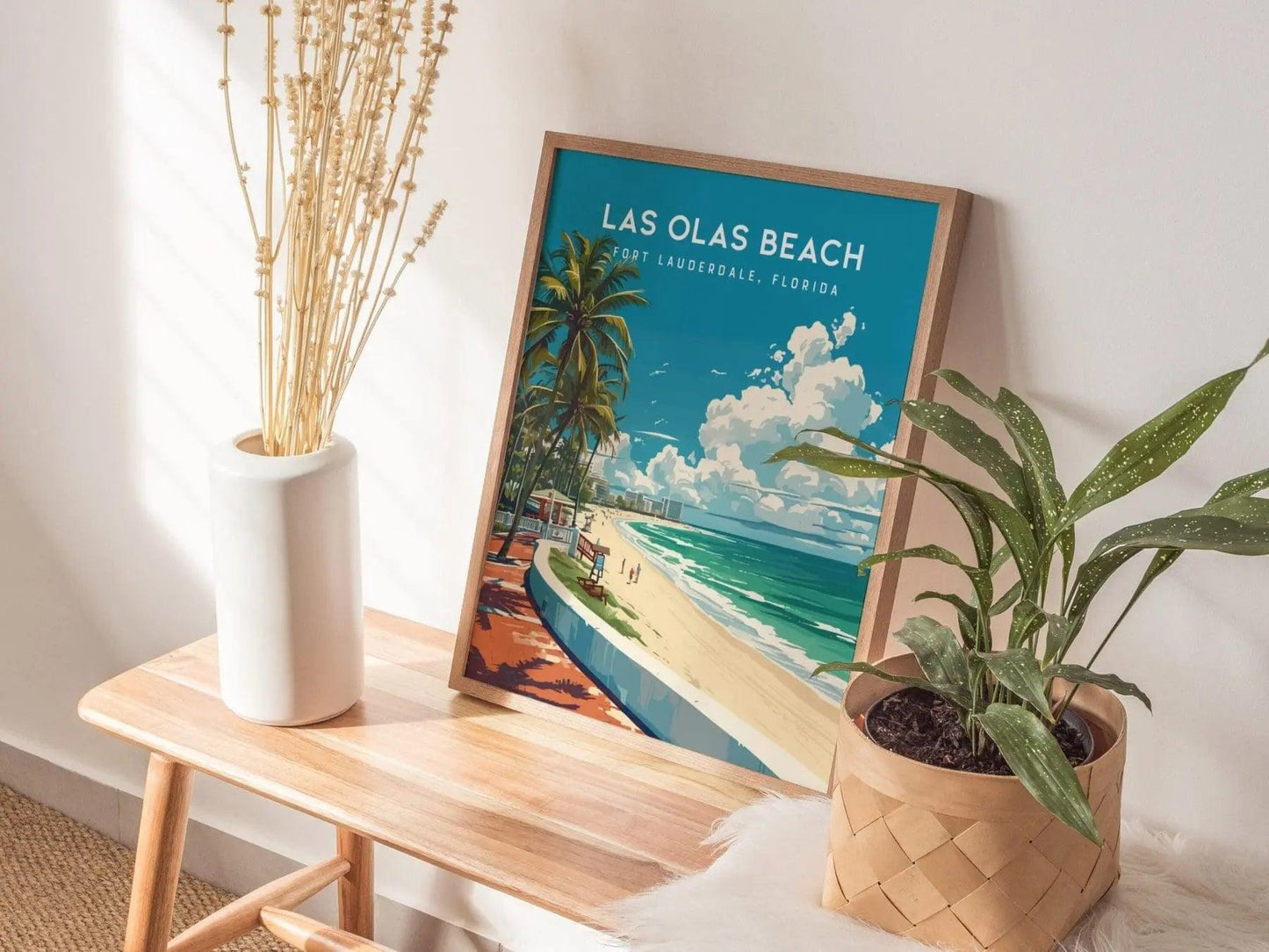 Las Olas Beach, Fort Lauderdale, Florida Framed Wall Art - Beach House Minimal Poster Design Travel Print Tropical Palm Tree Home Decor Set - Swell Scenes