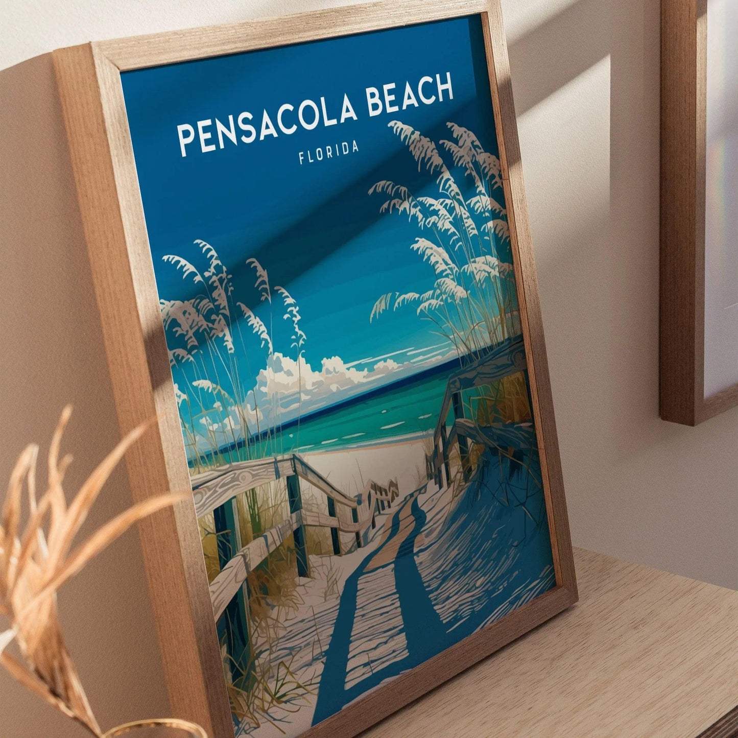 Pensacola Beach, Florida Framed Wall Art - FL Panhandle Beach House Minimal Poster Design Travel Print Sea Oats Boardwalk Home Decor Set - Swell Scenes