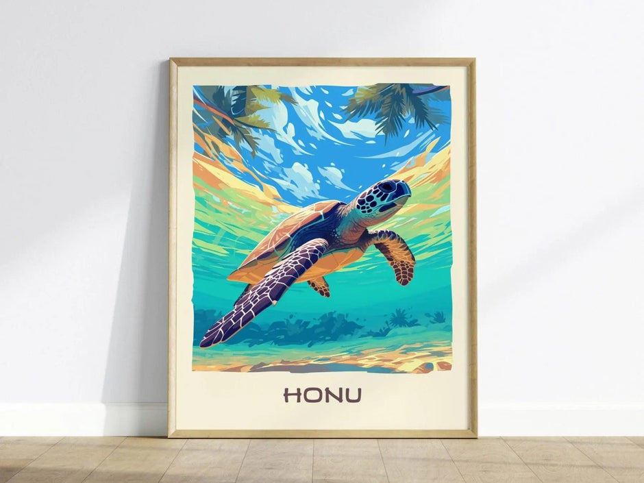 Honu, Hawaiian Green Sea Turtle Framed Wall Art | Hawaii Wildlife Poster Design Print Maui Oahu Kauai Big Island Home Decor Vacation Gift - Swell Scenes