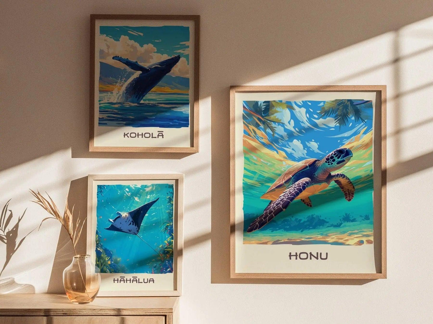 Honu, Hawaiian Green Sea Turtle Framed Wall Art | Hawaii Wildlife Poster Design Print Maui Oahu Kauai Big Island Home Decor Vacation Gift - Swell Scenes