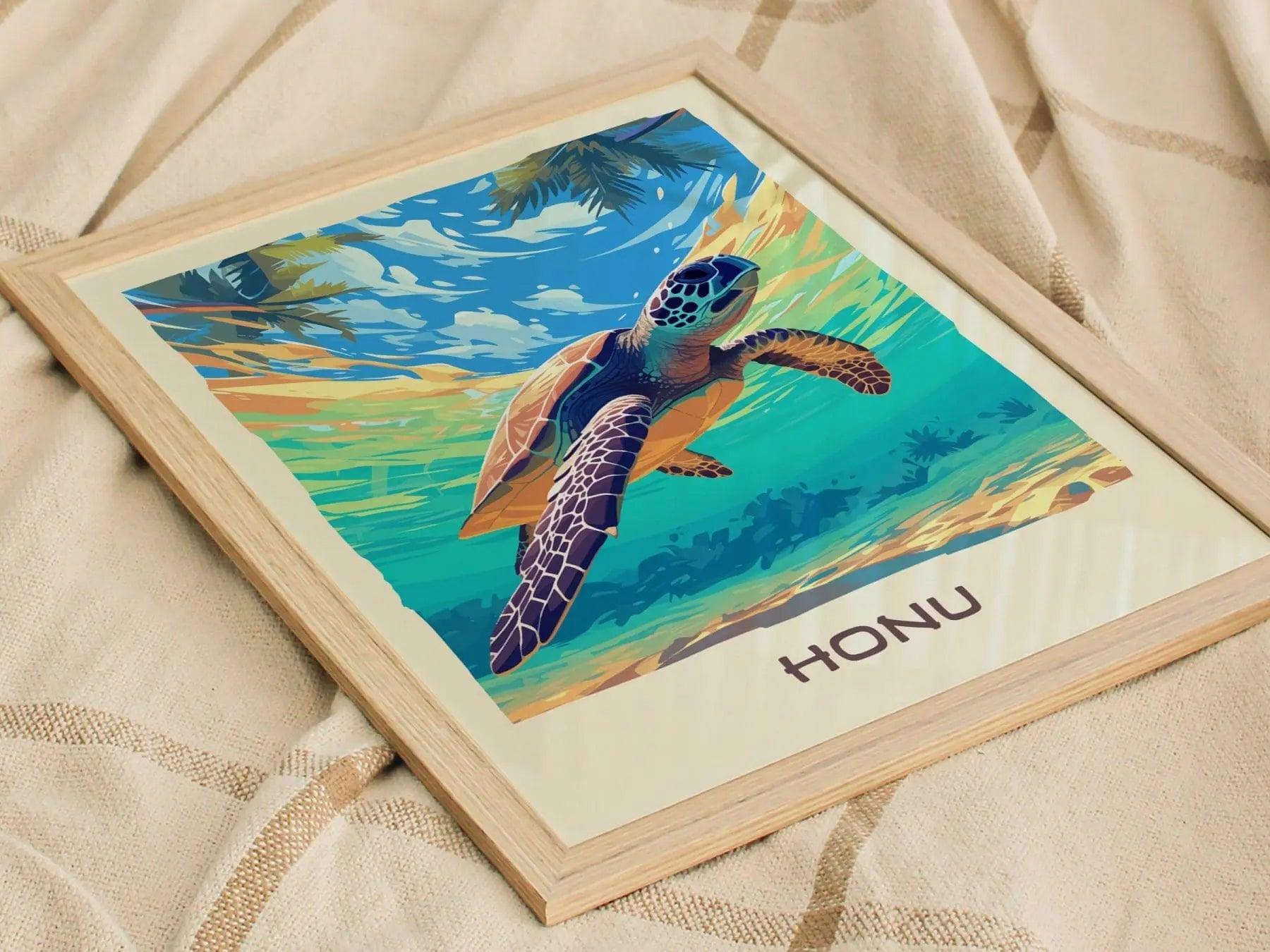Honu, Hawaiian Green Sea Turtle Framed Wall Art | Hawaii Wildlife Poster Design Print Maui Oahu Kauai Big Island Home Decor Vacation Gift - Swell Scenes
