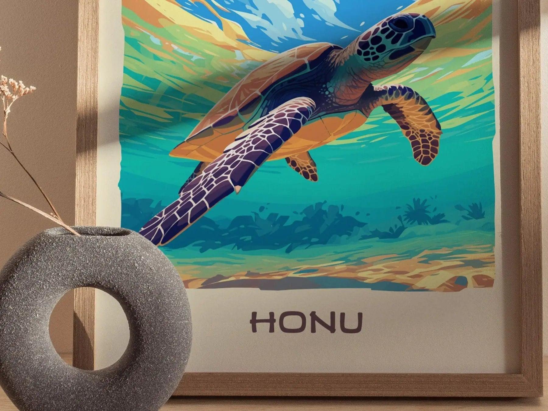 Honu, Hawaiian Green Sea Turtle Framed Wall Art | Hawaii Wildlife Poster Design Print Maui Oahu Kauai Big Island Home Decor Vacation Gift - Swell Scenes