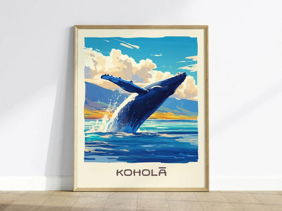 Kohola, Hawaiian Humpback Whale Framed Wall Art | Hawaii Wildlife Poster Design Print Maui Oahu Kauai Big Island Home Decor Vacation Gift - Swell Scenes