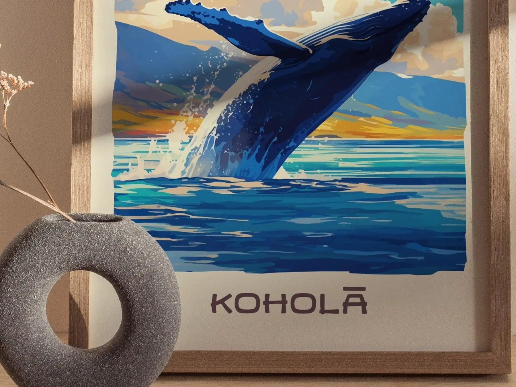 Kohola, Hawaiian Humpback Whale Framed Wall Art | Hawaii Wildlife Poster Design Print Maui Oahu Kauai Big Island Home Decor Vacation Gift - Swell Scenes