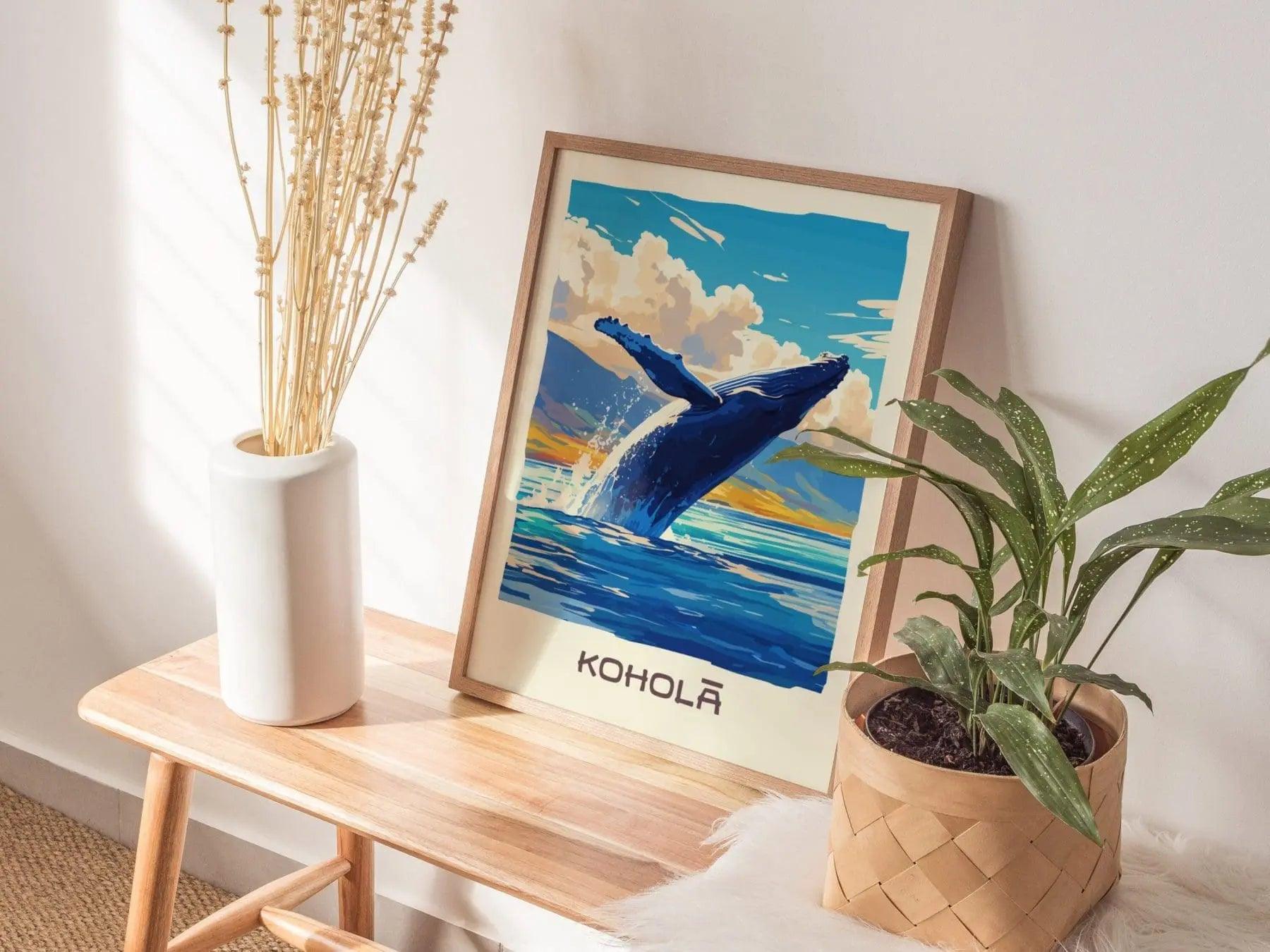 Kohola, Hawaiian Humpback Whale Framed Wall Art | Hawaii Wildlife Poster Design Print Maui Oahu Kauai Big Island Home Decor Vacation Gift - Swell Scenes