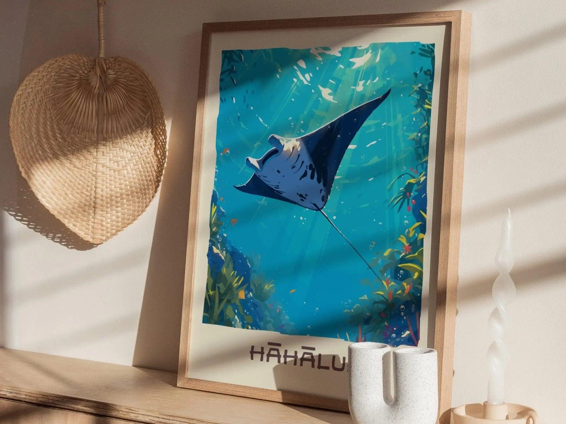 Hahalua, Hawaiian Manta Ray Framed Wall Art | Hawaii Wildlife Poster Design Print Maui Oahu Kauai Big Island Home Decor Vacation Diver Gift - Swell Scenes