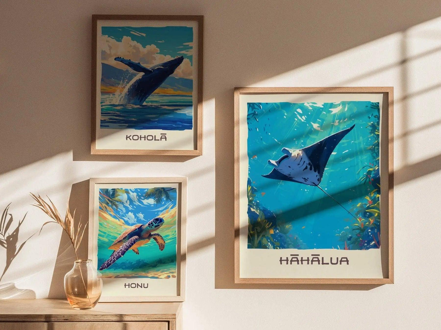Hahalua, Hawaiian Manta Ray Framed Wall Art | Hawaii Wildlife Poster Design Print Maui Oahu Kauai Big Island Home Decor Vacation Diver Gift - Swell Scenes