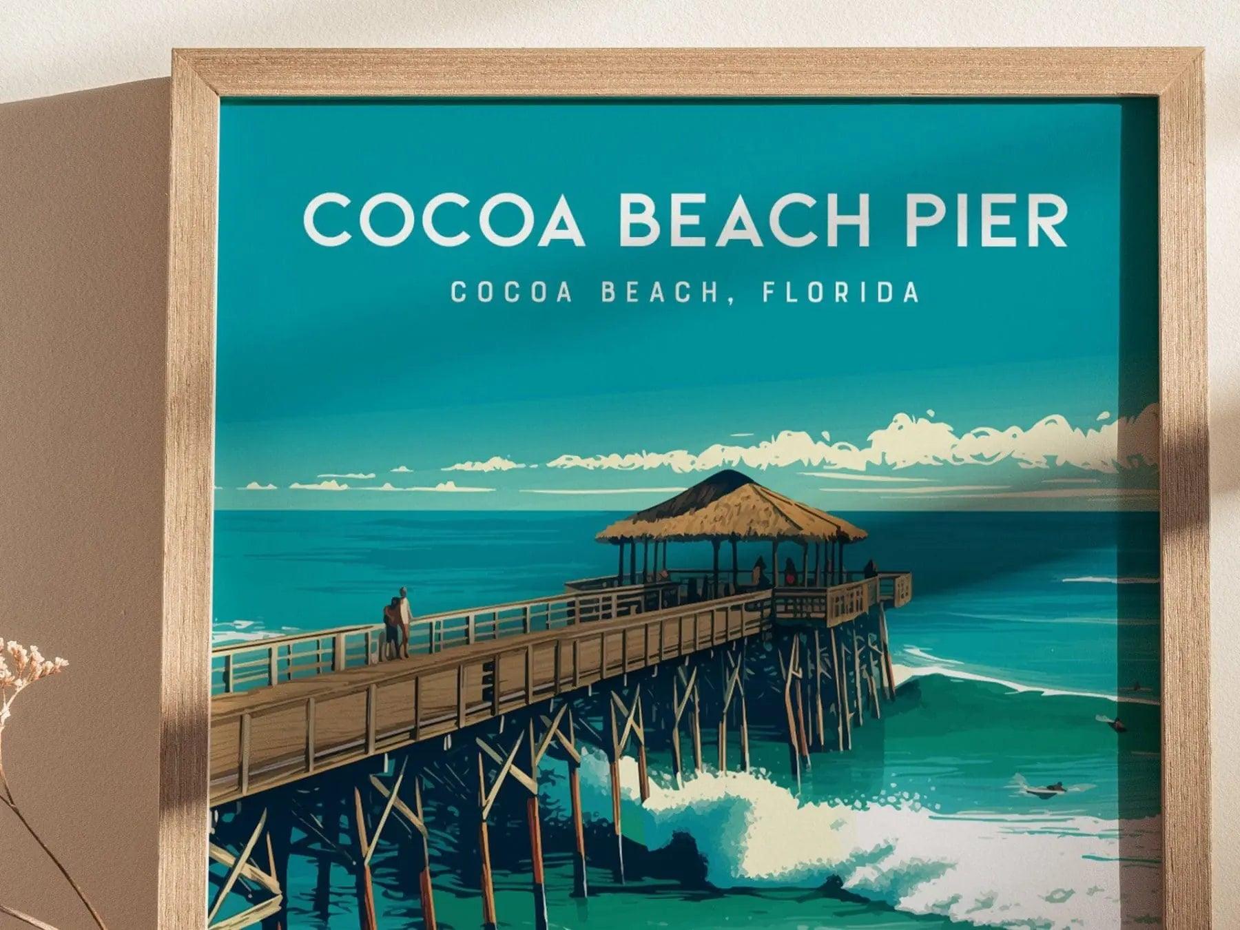 Cocoa Beach Pier, Florida Spring Break Framed Wall Art - Space Coast Beach House Surf Poster Travel Print Surfer Gift Fishing Home Decor Set - Swell Scenes