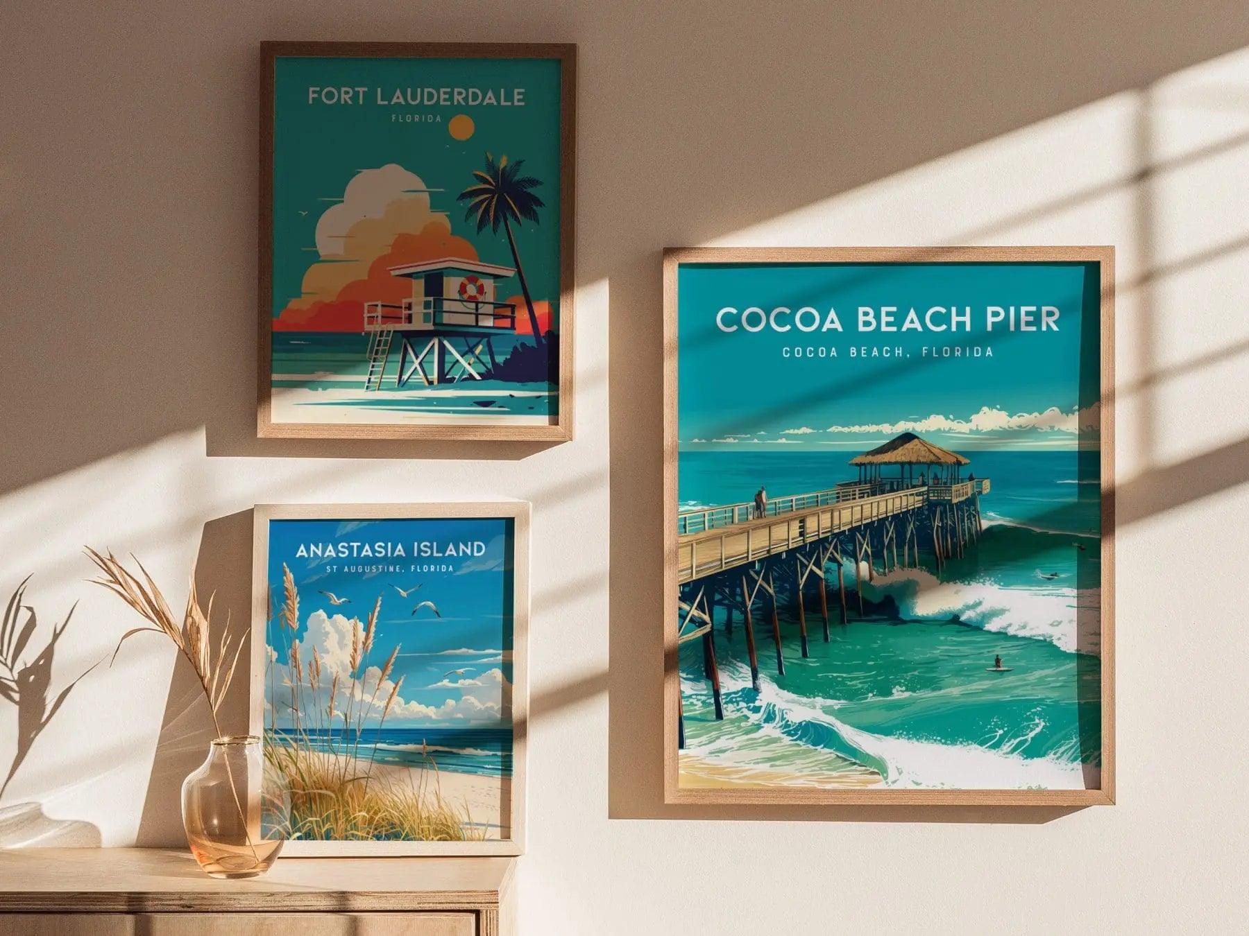 Cocoa Beach Pier, Florida Spring Break Framed Wall Art - Space Coast Beach House Surf Poster Travel Print Surfer Gift Fishing Home Decor Set - Swell Scenes
