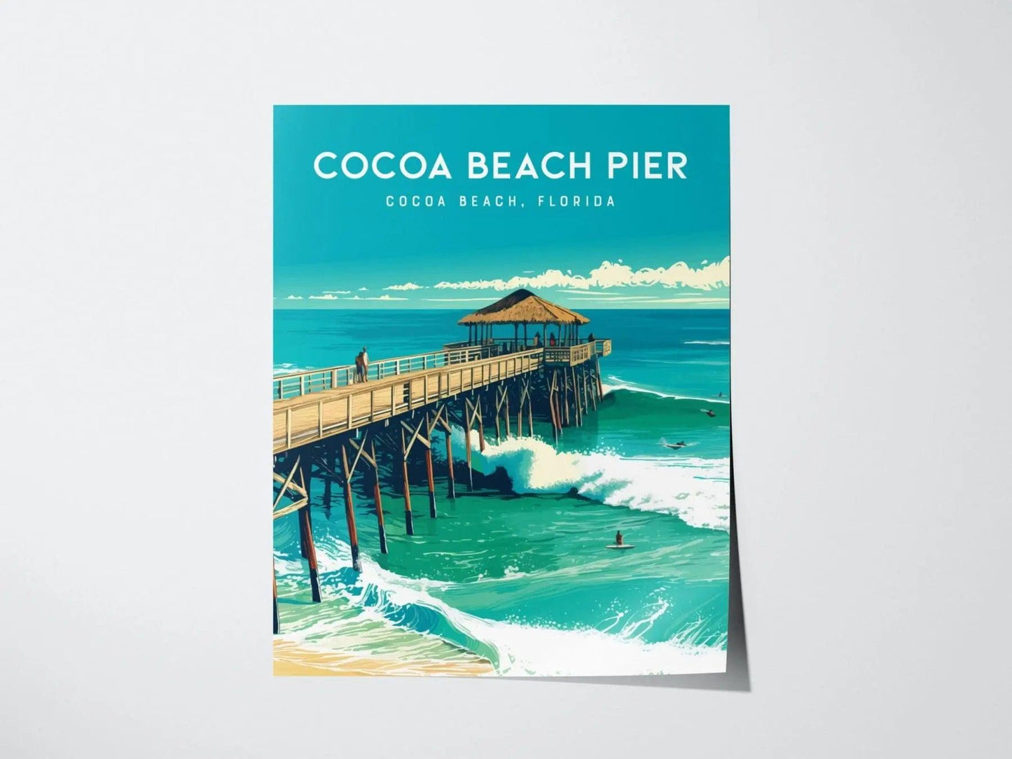 Cocoa Beach Pier, Florida Spring Break Framed Wall Art - Space Coast Beach House Surf Poster Travel Print Surfer Gift Fishing Home Decor Set - Swell Scenes