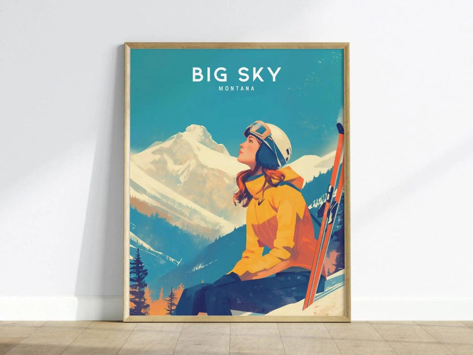 Big Sky, Montana Framed Wall Art | Lone Peak Mountain Ski Resort Skiing Snowboard Poster Design Print Travel Artwork Summit Gift Decor - Swell Scenes
