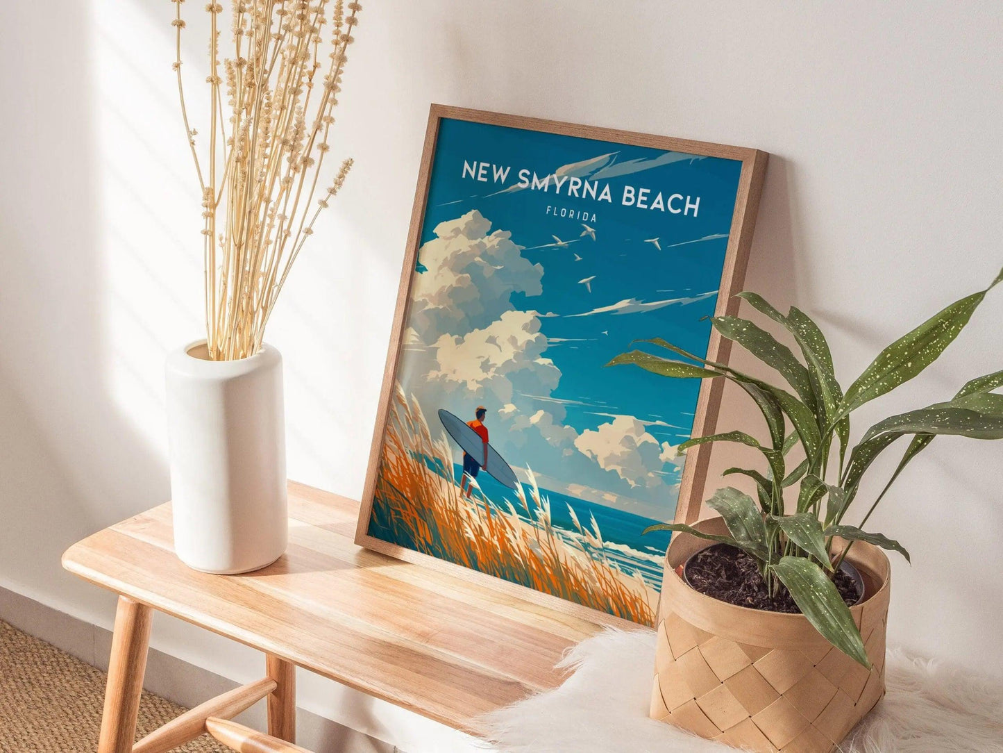 New Smyrna Beach Surfer, Florida Spring Break Framed Wall Art - Space Coast Beach House Longboard Surf Poster Travel Print Gift Home Decor - Swell Scenes