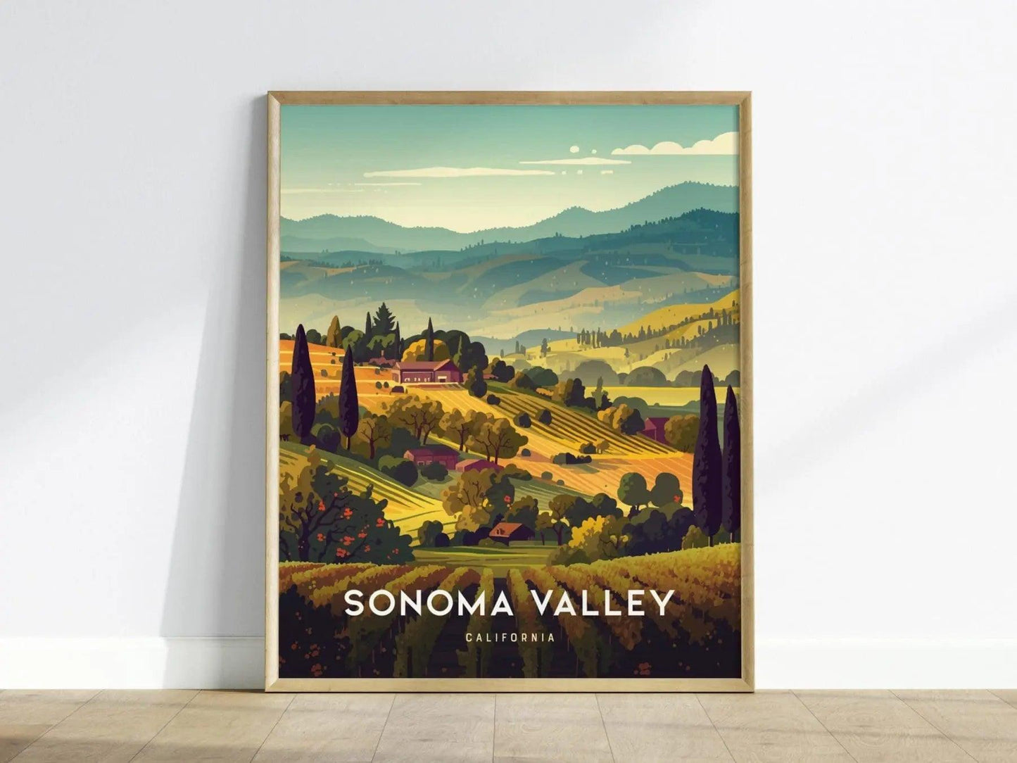 Sonoma Valley Framed Travel Poster, California Wall Art, Sonoma Poster, Travel Winery Vineyard SoCal Home Gift Decor, Airbnb Wall Decor - Swell Scenes