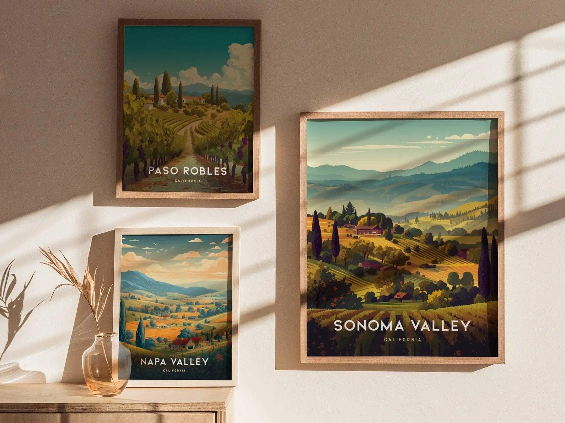 Sonoma Valley Framed Travel Poster, California Wall Art, Sonoma Poster, Travel Winery Vineyard SoCal Home Gift Decor, Airbnb Wall Decor - Swell Scenes