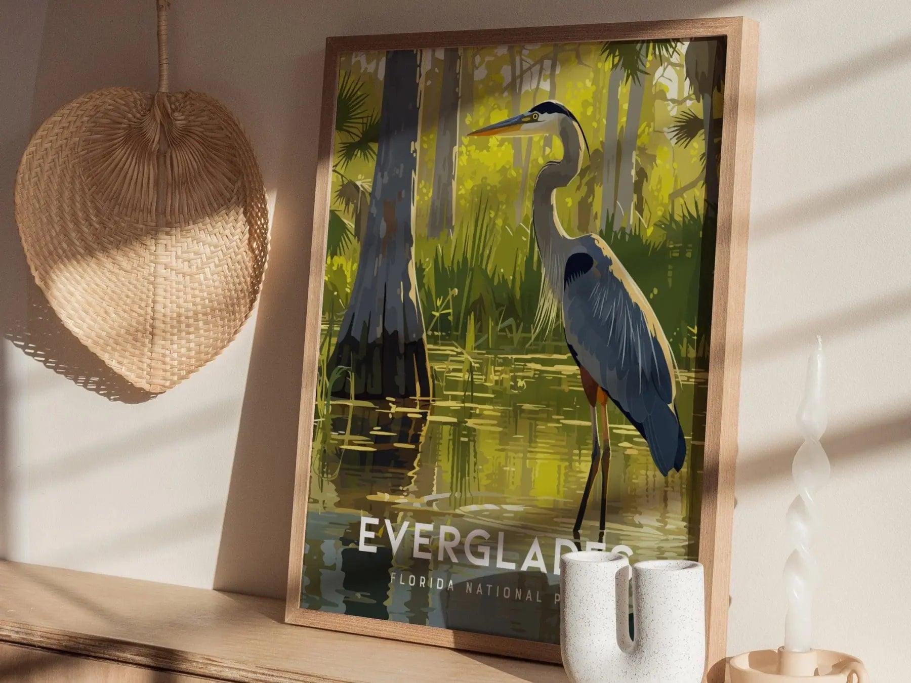 Everglades National Park, Florida Framed Wall Art - Glades Great Blue Heron Poster Design Travel Print Collection Home Office Decor - Swell Scenes