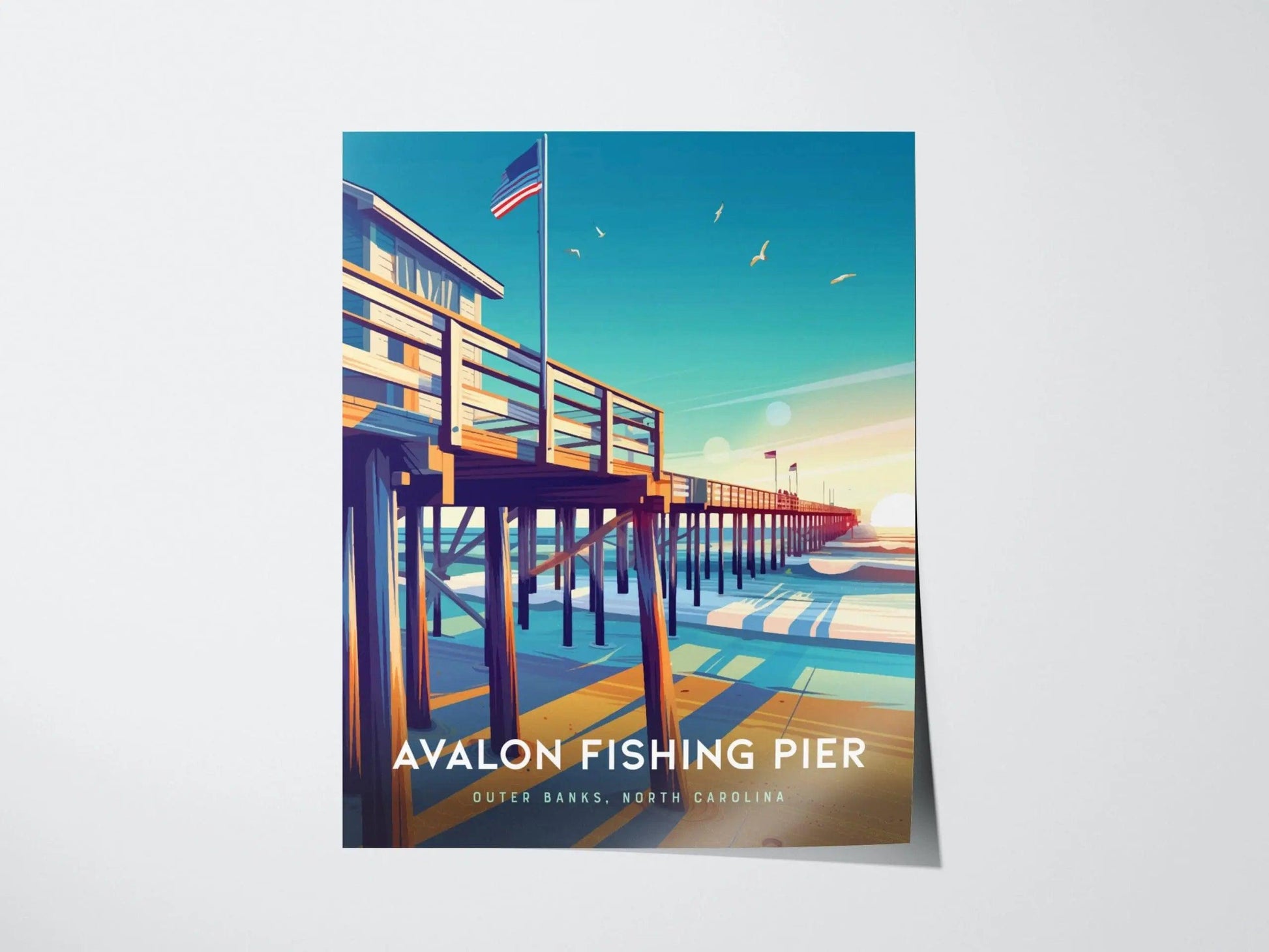 Outer Banks Avalon Fishing Pier Framed Travel Poster, Avalon Fishing Pier Wall Art, OBX North Carolina Kill Devil Hills Poster, Airbnb Decor - Swell Scenes