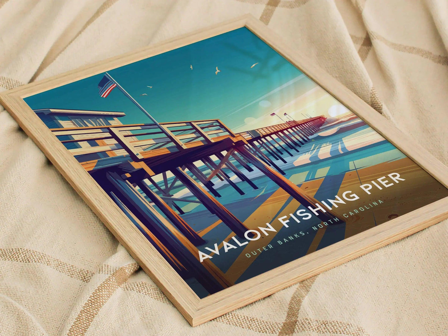 Outer Banks Avalon Fishing Pier Framed Travel Poster, Avalon Fishing Pier Wall Art, OBX North Carolina Kill Devil Hills Poster, Airbnb Decor - Swell Scenes