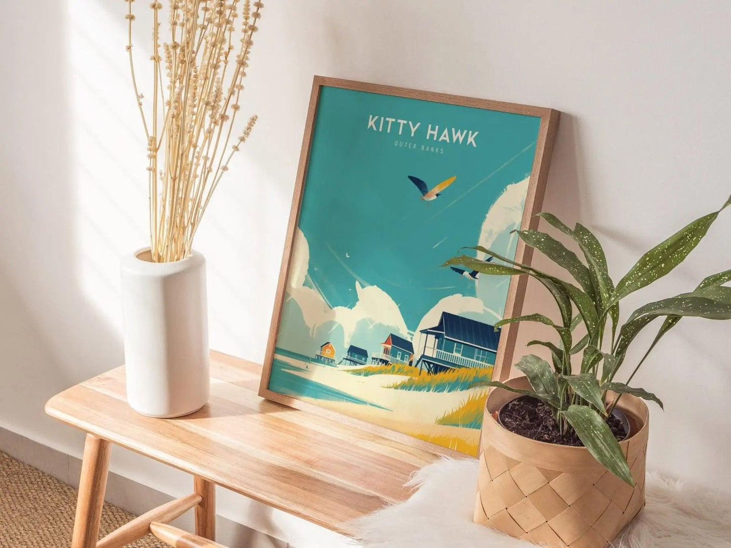 Kitty Hawk Outer Banks Framed Travel Poster, Kitty Hawk Beach Wall Art, OBX North Carolina Kitty Hawk Poster, Atlantic Coastal Home Decor - Swell Scenes