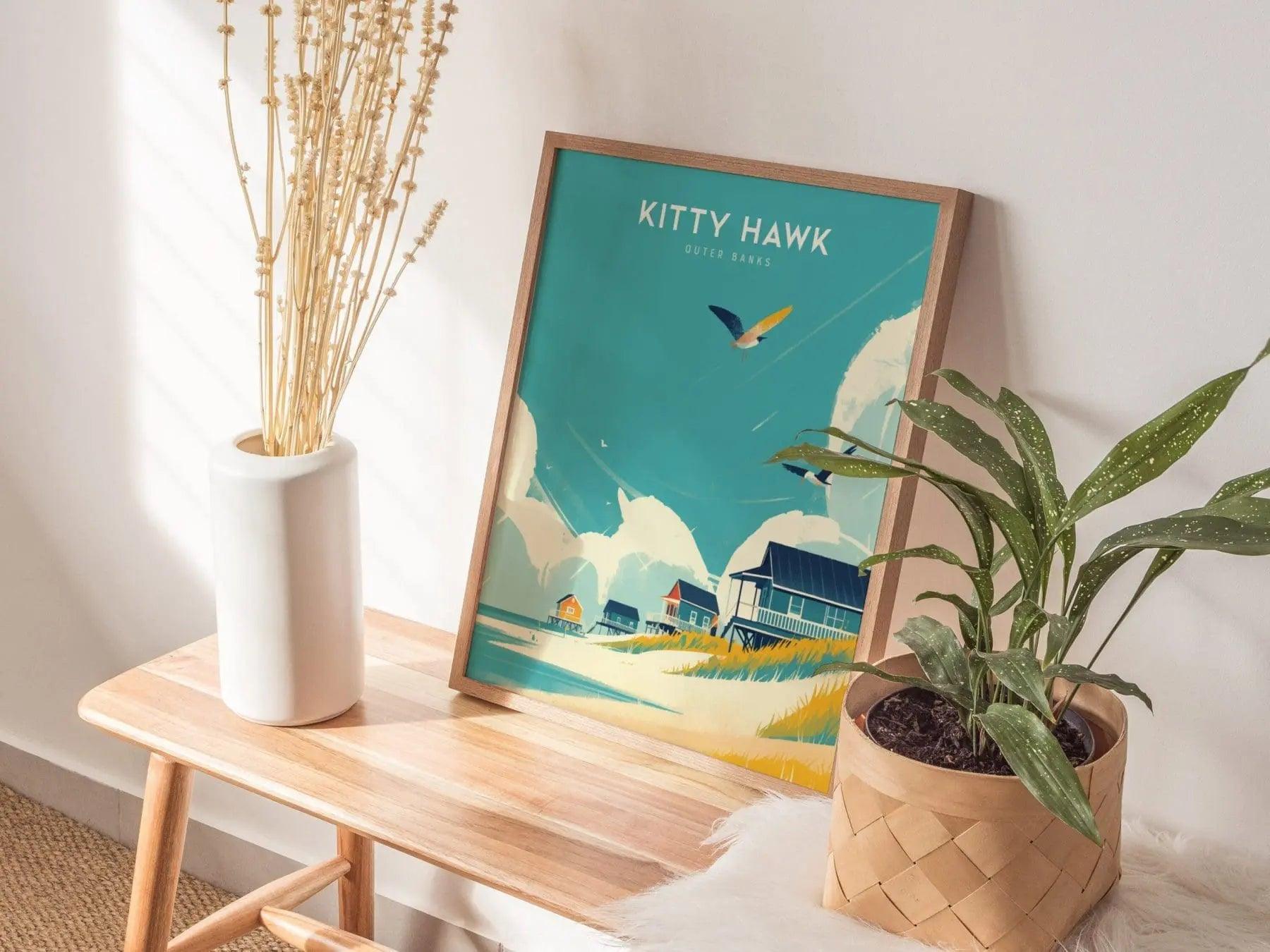 Kitty Hawk Outer Banks Framed Travel Poster, Kitty Hawk Beach Wall Art, OBX North Carolina Kitty Hawk Poster, Atlantic Coastal Home Decor - Swell Scenes