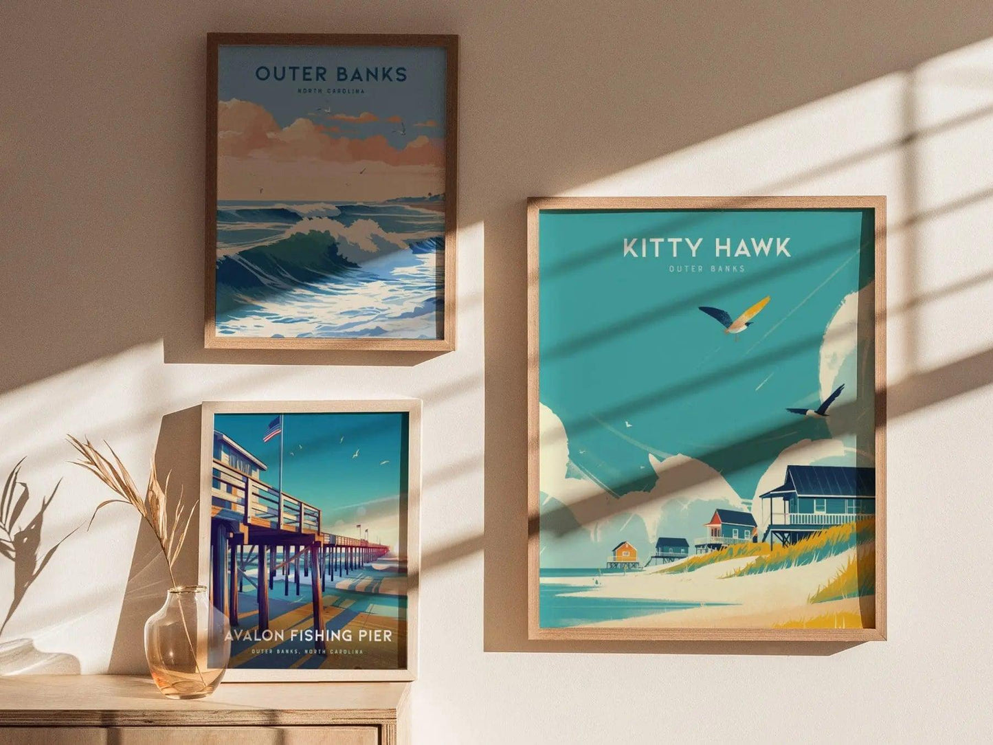 Kitty Hawk Outer Banks Framed Travel Poster, Kitty Hawk Beach Wall Art, OBX North Carolina Kitty Hawk Poster, Atlantic Coastal Home Decor - Swell Scenes
