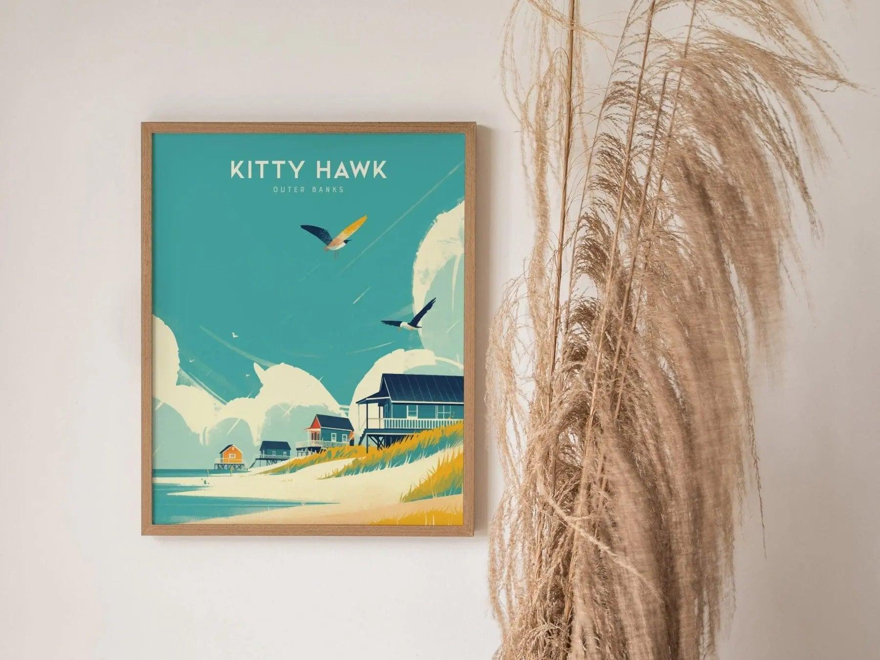 Kitty Hawk Outer Banks Framed Travel Poster, Kitty Hawk Beach Wall Art, OBX North Carolina Kitty Hawk Poster, Atlantic Coastal Home Decor - Swell Scenes