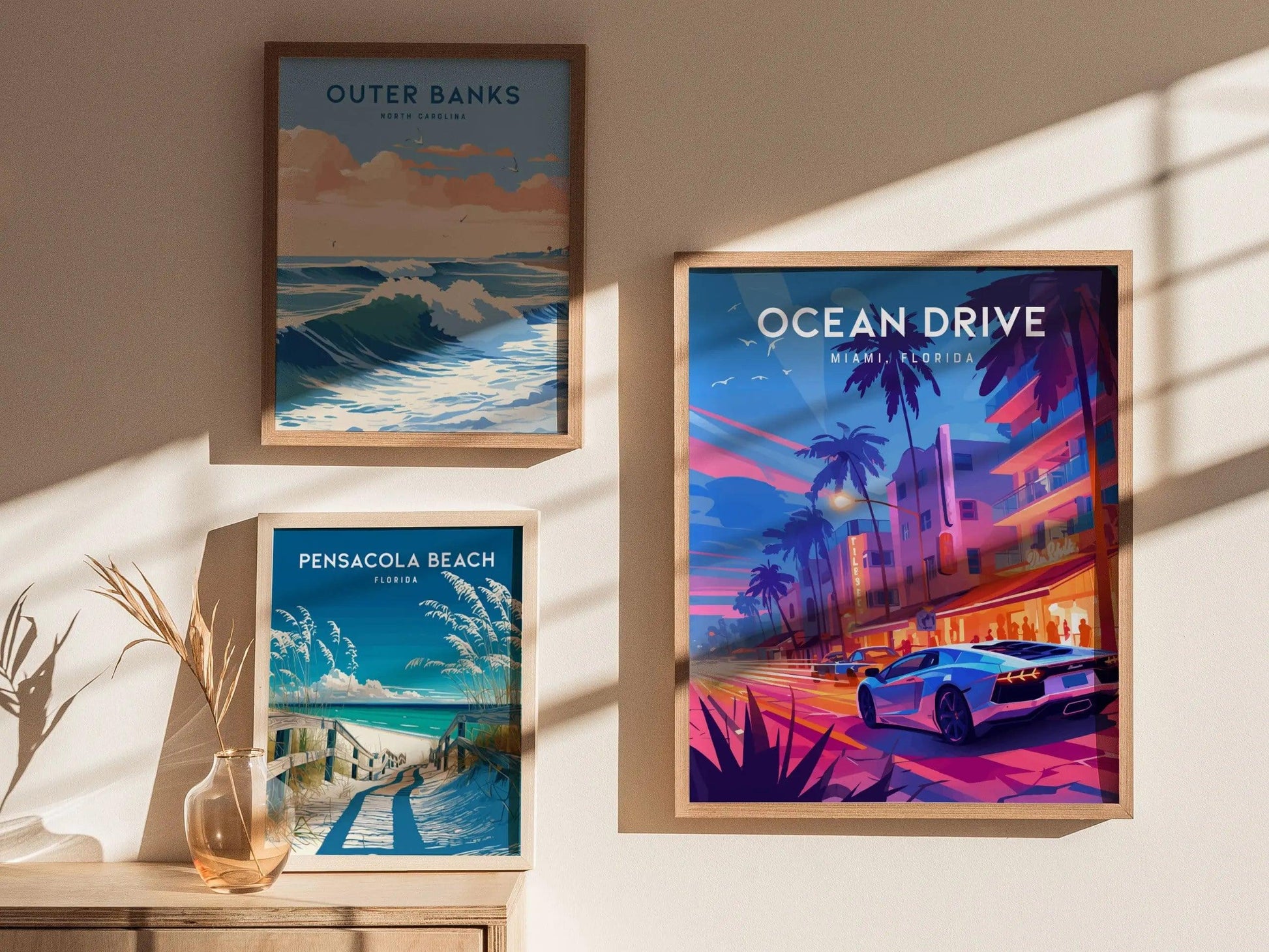 Ocean Drive, South Beach, Miami, Florida Framed Wall Art - Night Life Lamborghini FL Minimal 80s Style Poster Design Travel Print Home Decor - Swell Scenes