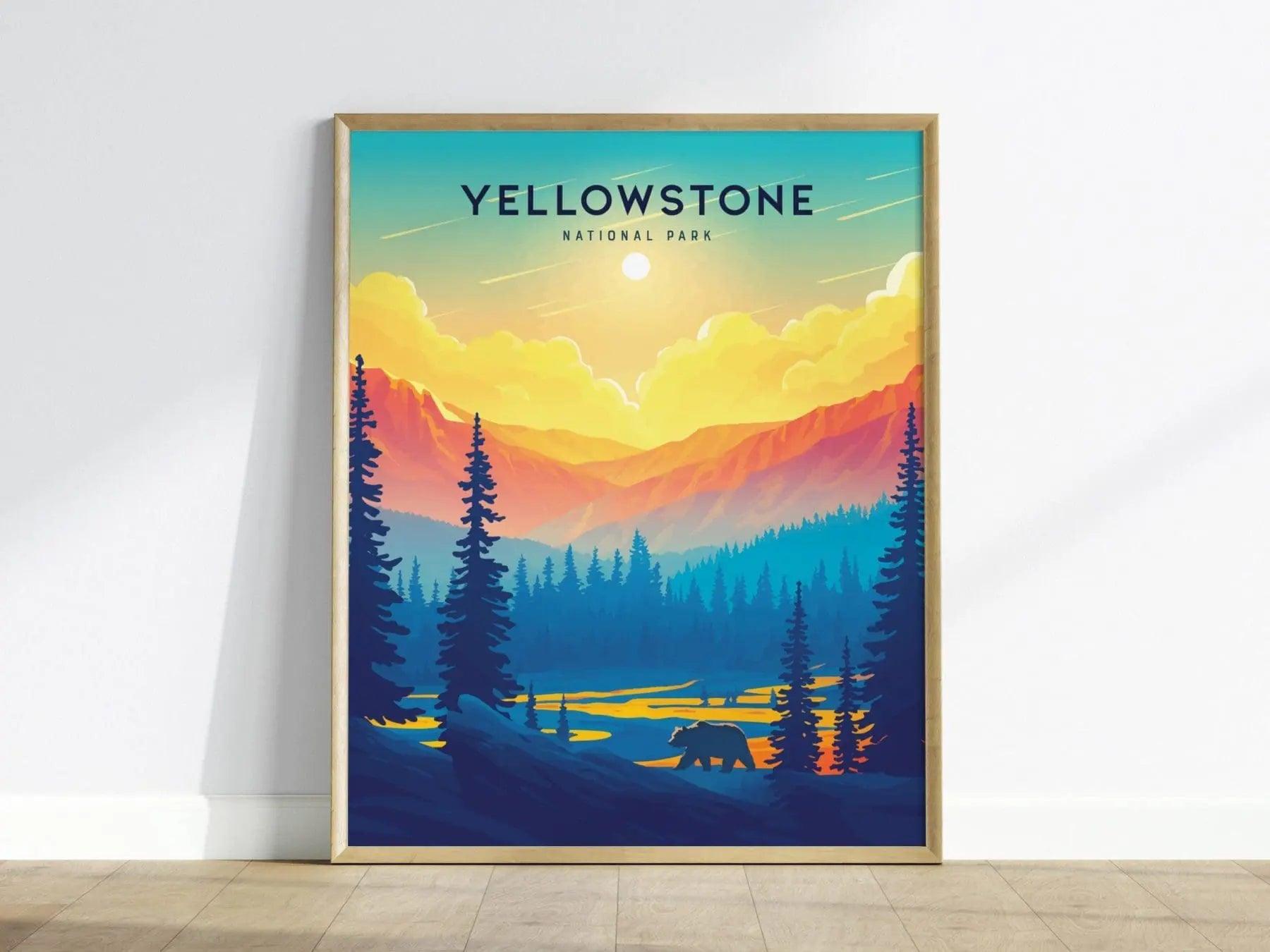 Yellowstone National Park WPA poster with geyser and bear artwork