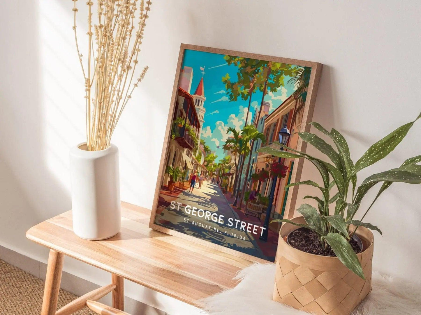 St George Street, Saint Augustine, Florida Framed Wall Art - Walking Vacation Tour Poster Design Travel Print Collection Home Office Decor - Swell Scenes