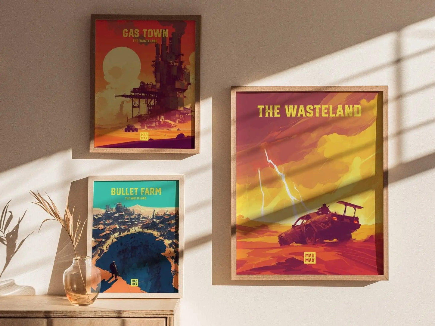 Mad Max Fury Road wall art displayed in man cave with post-apocalyptic road warrior and desert storm decor