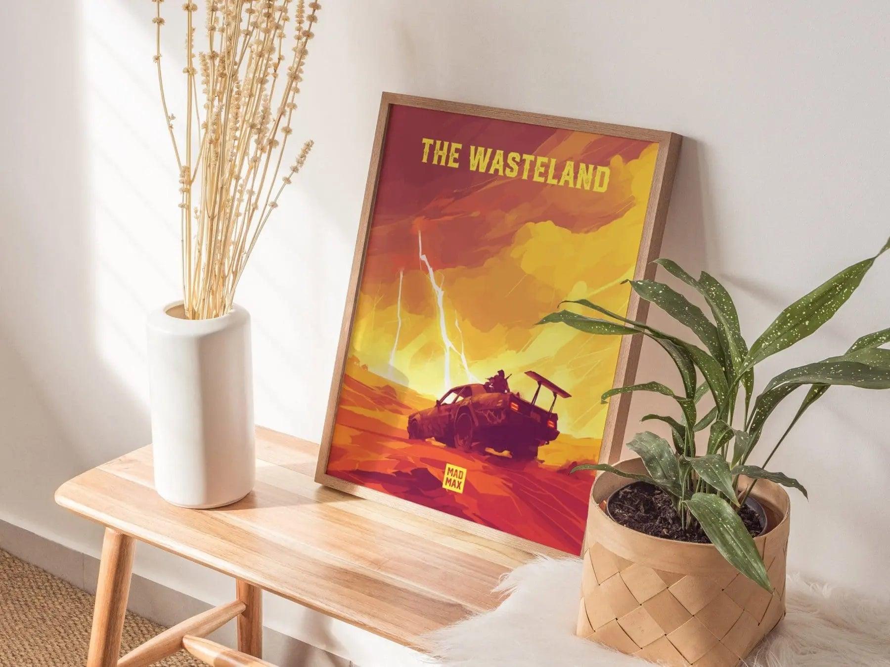Natural wood framed Mad Max poster showing contemporary Fury Road wasteland and post-apocalyptic vehicle artwork