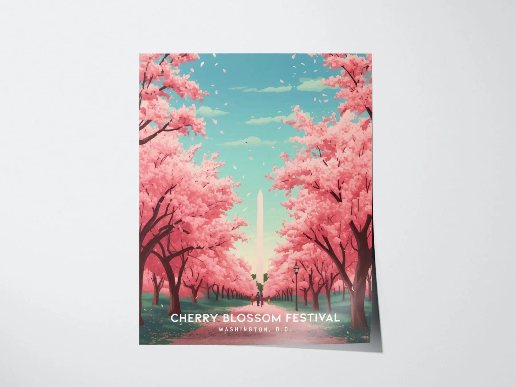 National Cherry Blossom Festival, Washington DC Framed Travel Poster, Cherry Blossom Fest Trendy Wall Art, Washington Monument Wall Decor - Swell Scenes