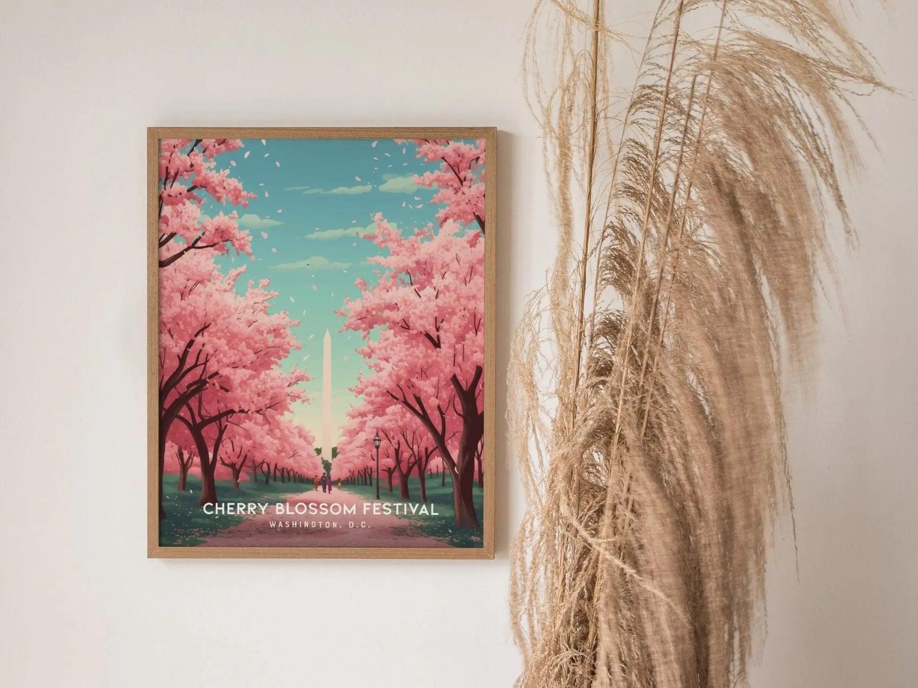 National Cherry Blossom Festival, Washington DC Framed Travel Poster, Cherry Blossom Fest Trendy Wall Art, Washington Monument Wall Decor - Swell Scenes