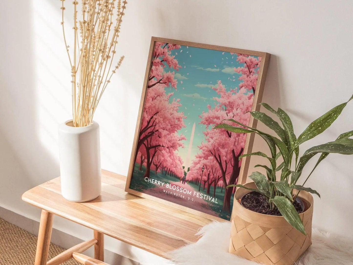 National Cherry Blossom Festival, Washington DC Framed Travel Poster, Cherry Blossom Fest Trendy Wall Art, Washington Monument Wall Decor - Swell Scenes