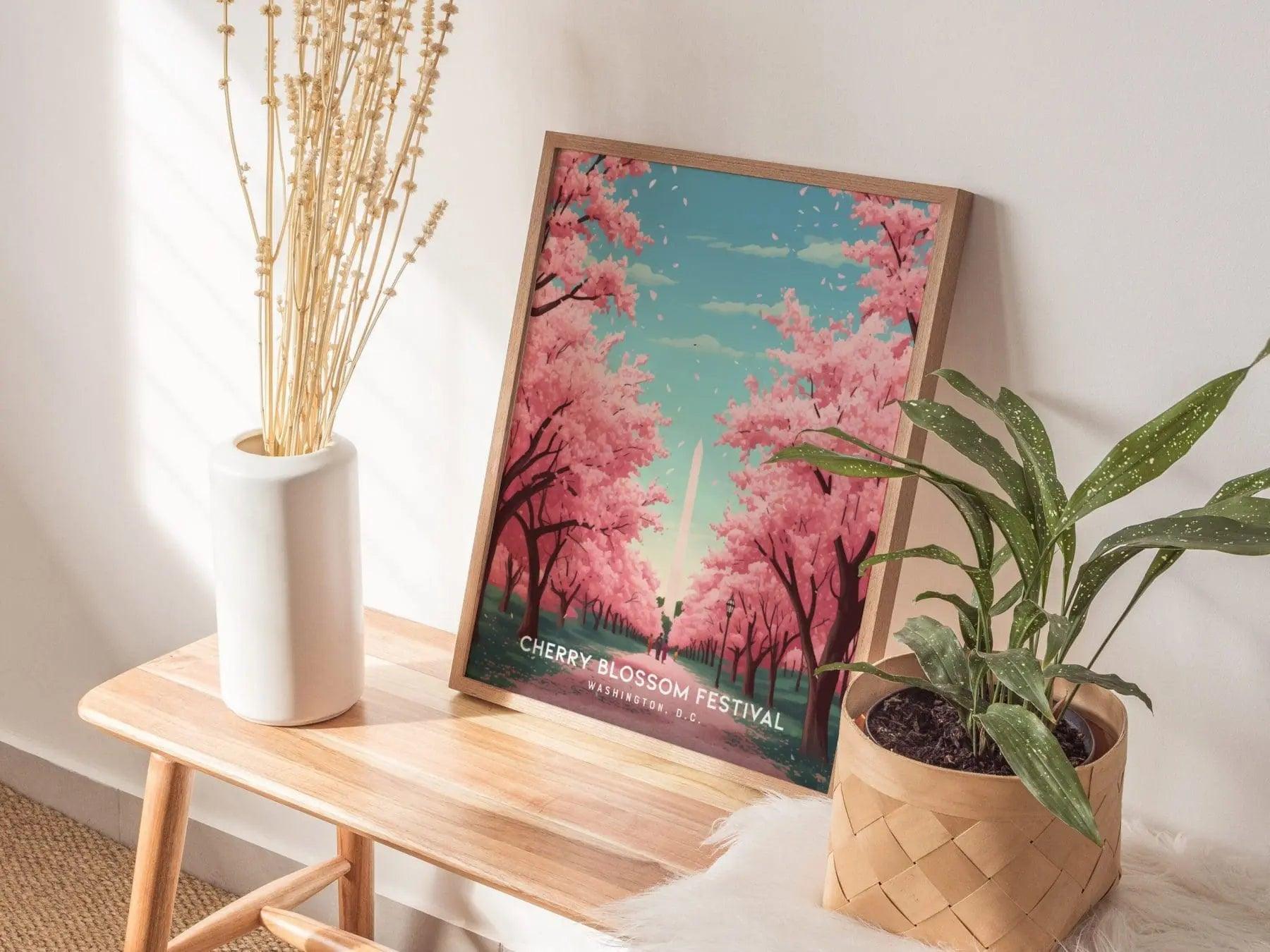 National Cherry Blossom Festival, Washington DC Framed Travel Poster, Cherry Blossom Fest Trendy Wall Art, Washington Monument Wall Decor - Swell Scenes