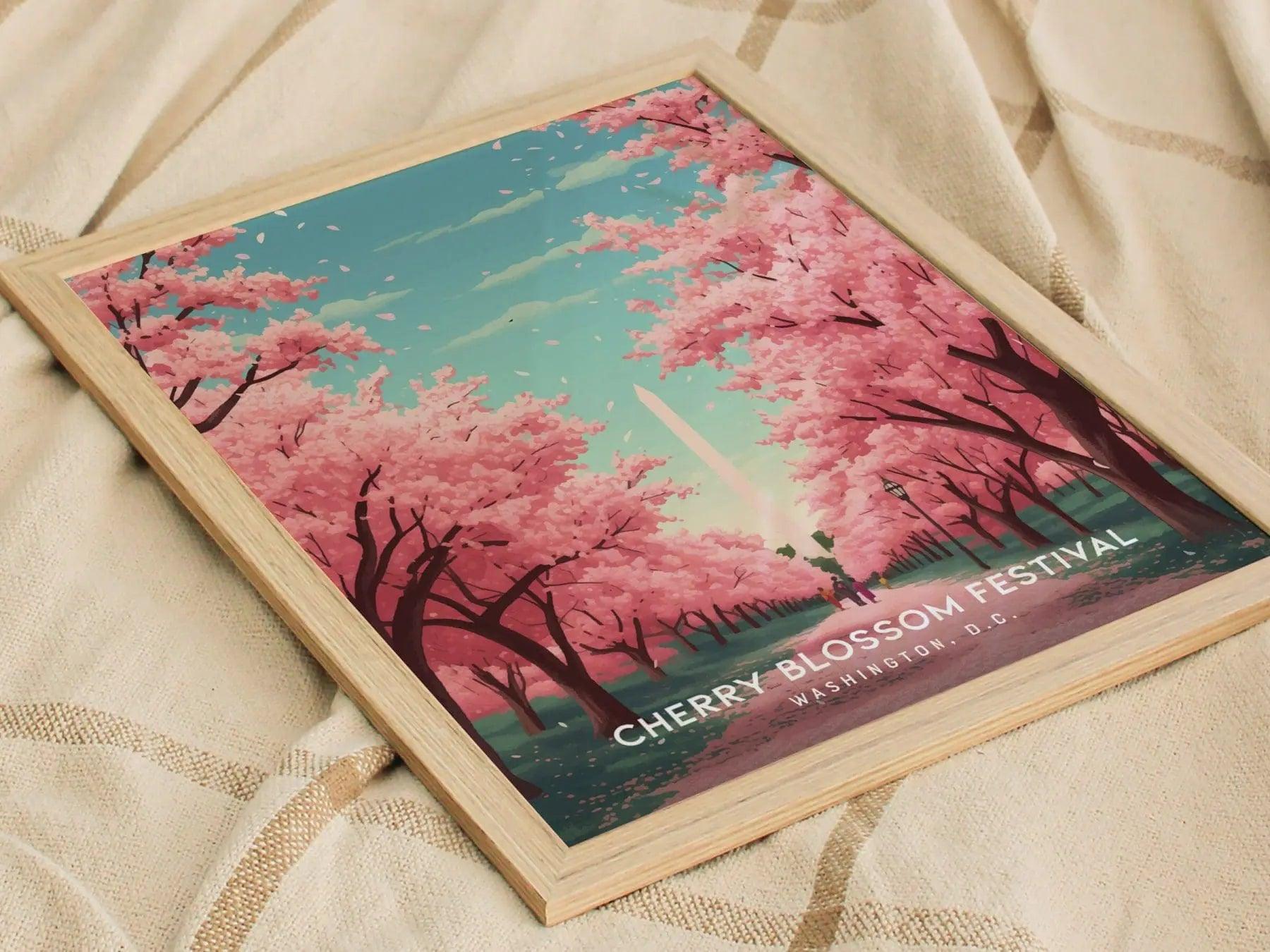 National Cherry Blossom Festival, Washington DC Framed Travel Poster, Cherry Blossom Fest Trendy Wall Art, Washington Monument Wall Decor - Swell Scenes