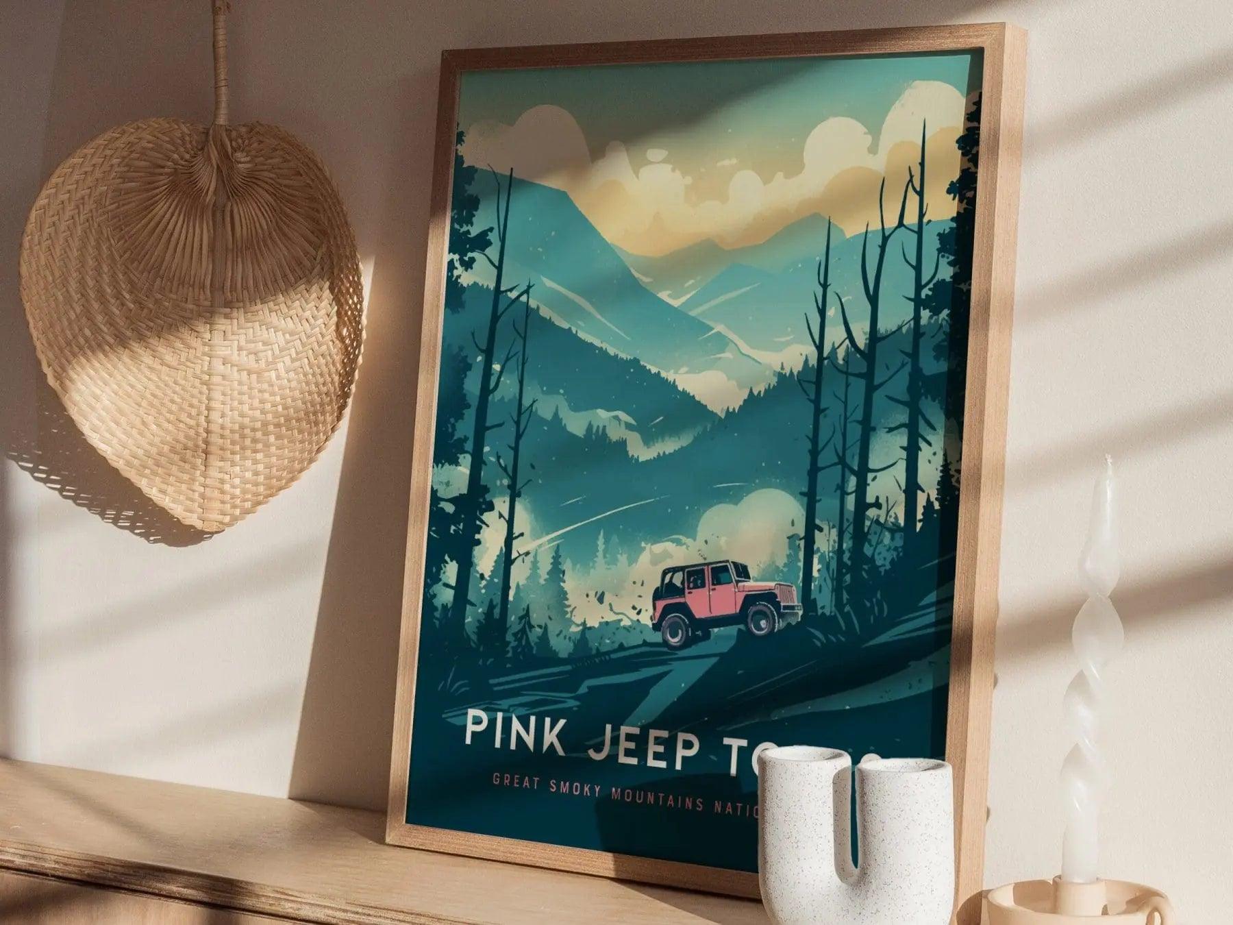 Pink Jeep Tours at Great Smoky Mountains National Park Framed Travel Print, Great Smoky Mountain National Park Travel Poster, Pink Jeep Art - Swell Scenes