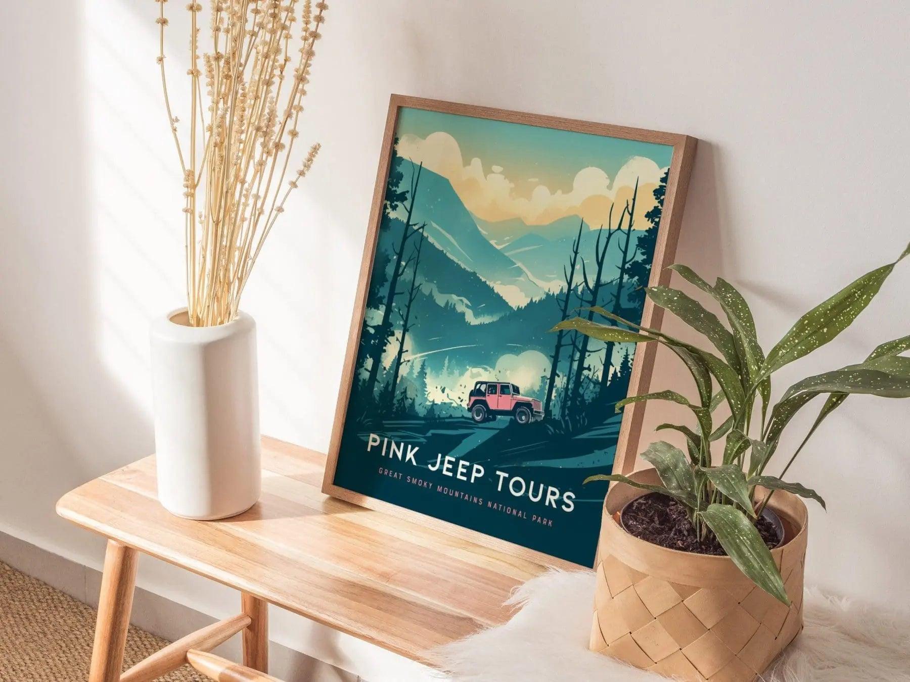 Pink Jeep Tours at Great Smoky Mountains National Park Framed Travel Print, Great Smoky Mountain National Park Travel Poster, Pink Jeep Art - Swell Scenes